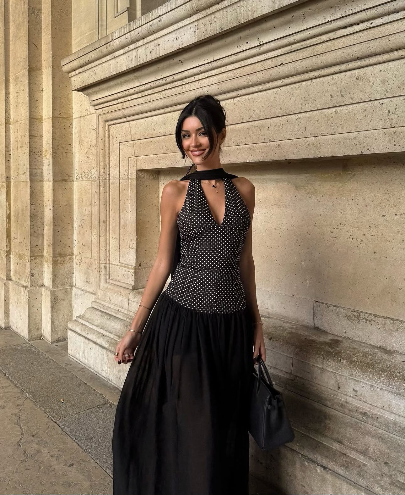  Evaline Black Halter Deep V Long Dress