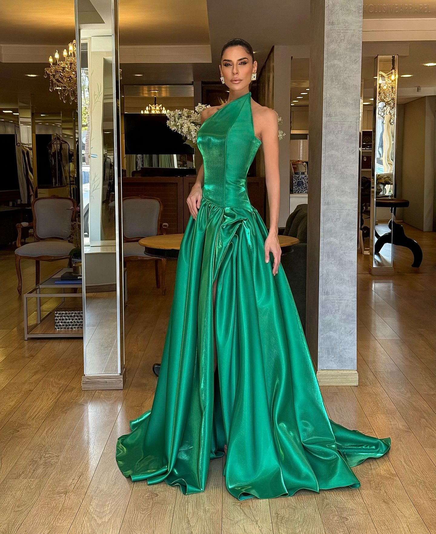 Madeline Green Neckline Slit Floor-Length Dress