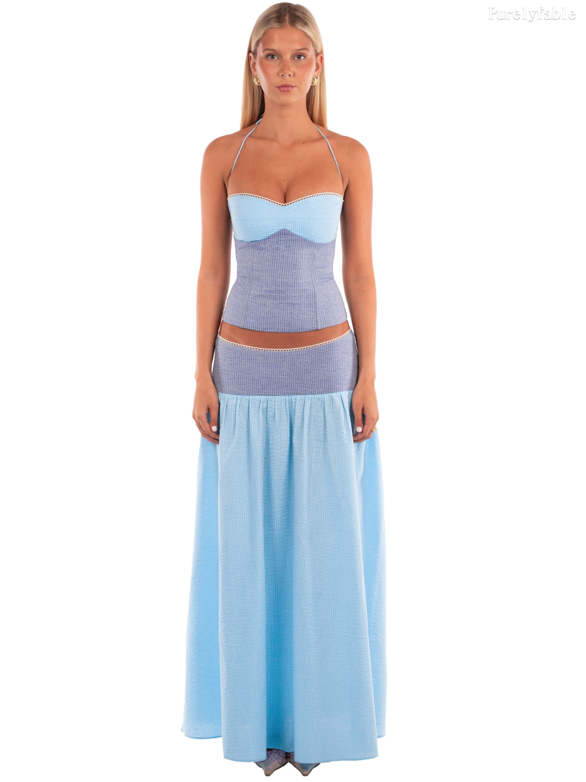 Lenora Sky Blue Hanging Neck Top With Exposed Navel Two-Piece Set