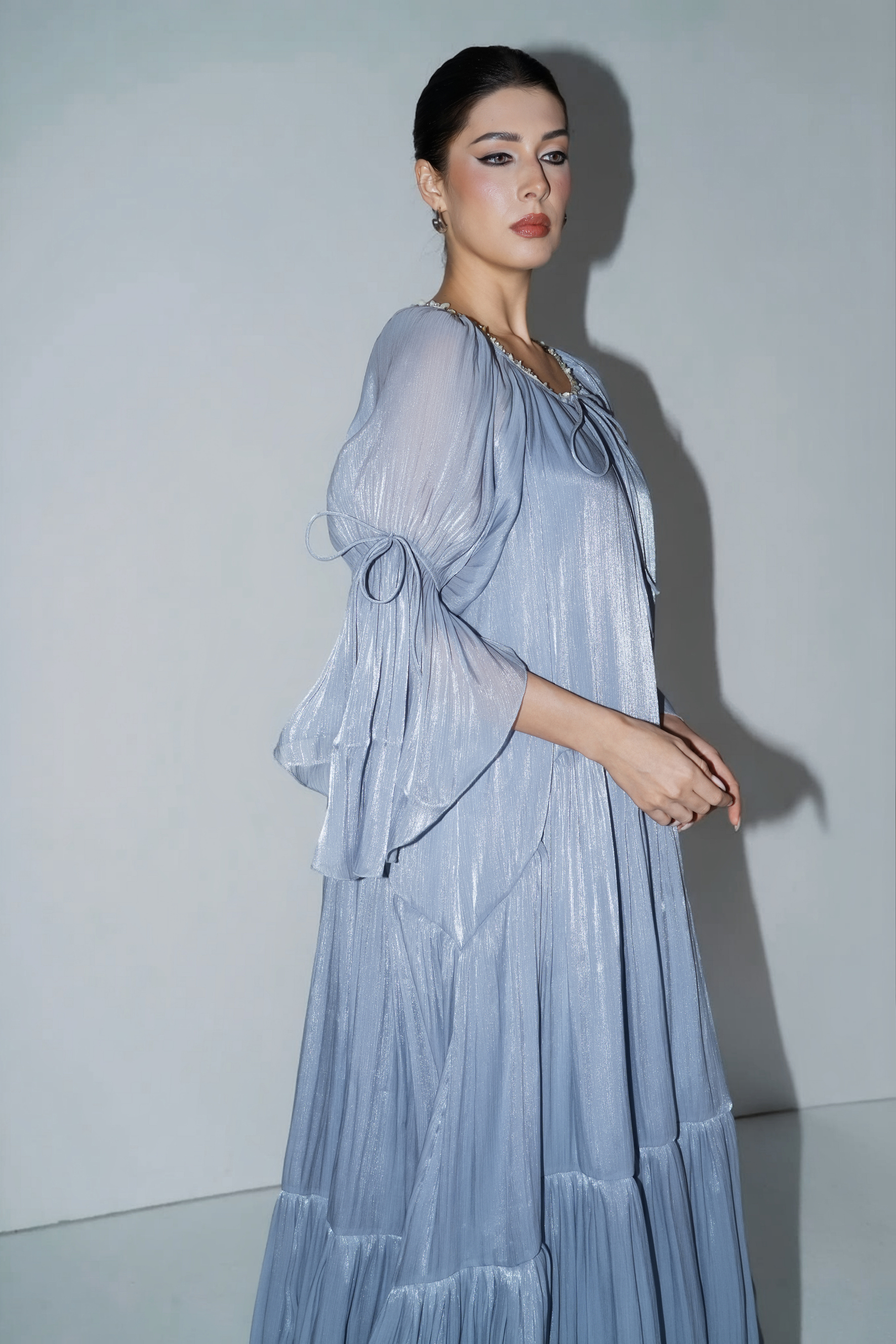 Remarkable Arrival Blue Ruffle Sleeve Ruffle Maxi Dress-purelyfable