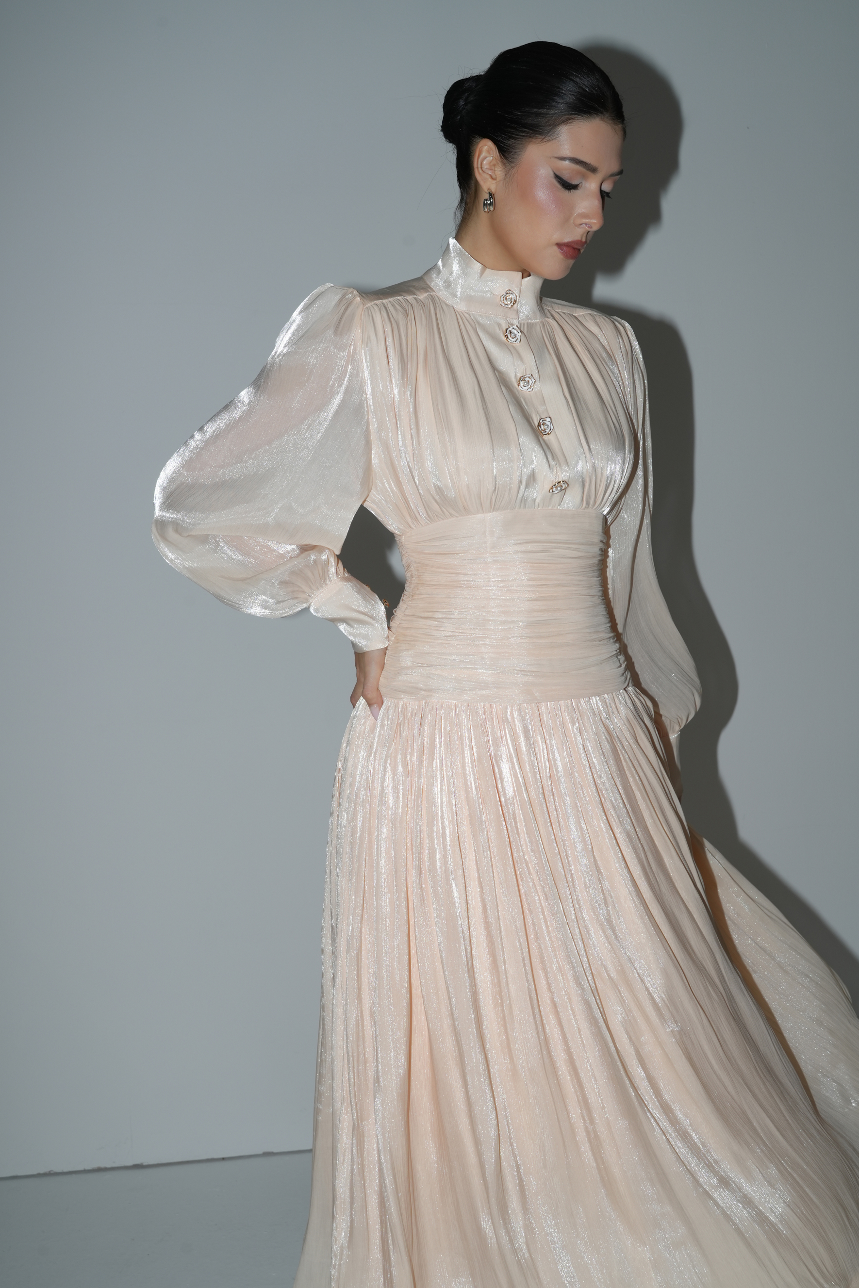 Divine Beauty Apricot High Neck Pleated Maxi Dress-purelyfable
