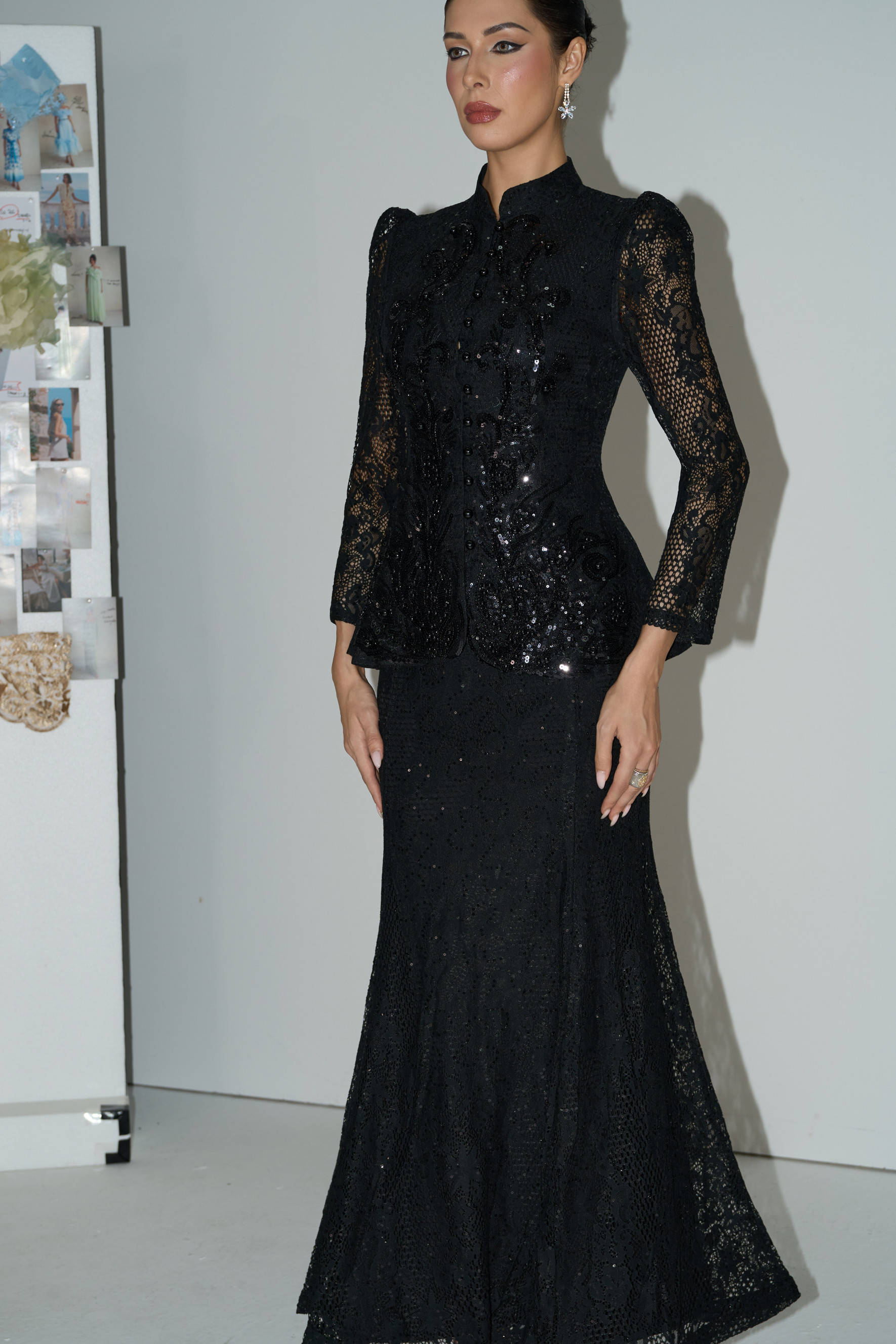Romance Language Black Floral Embroidered Sequin Jacket & Skirt Set-purelyfable