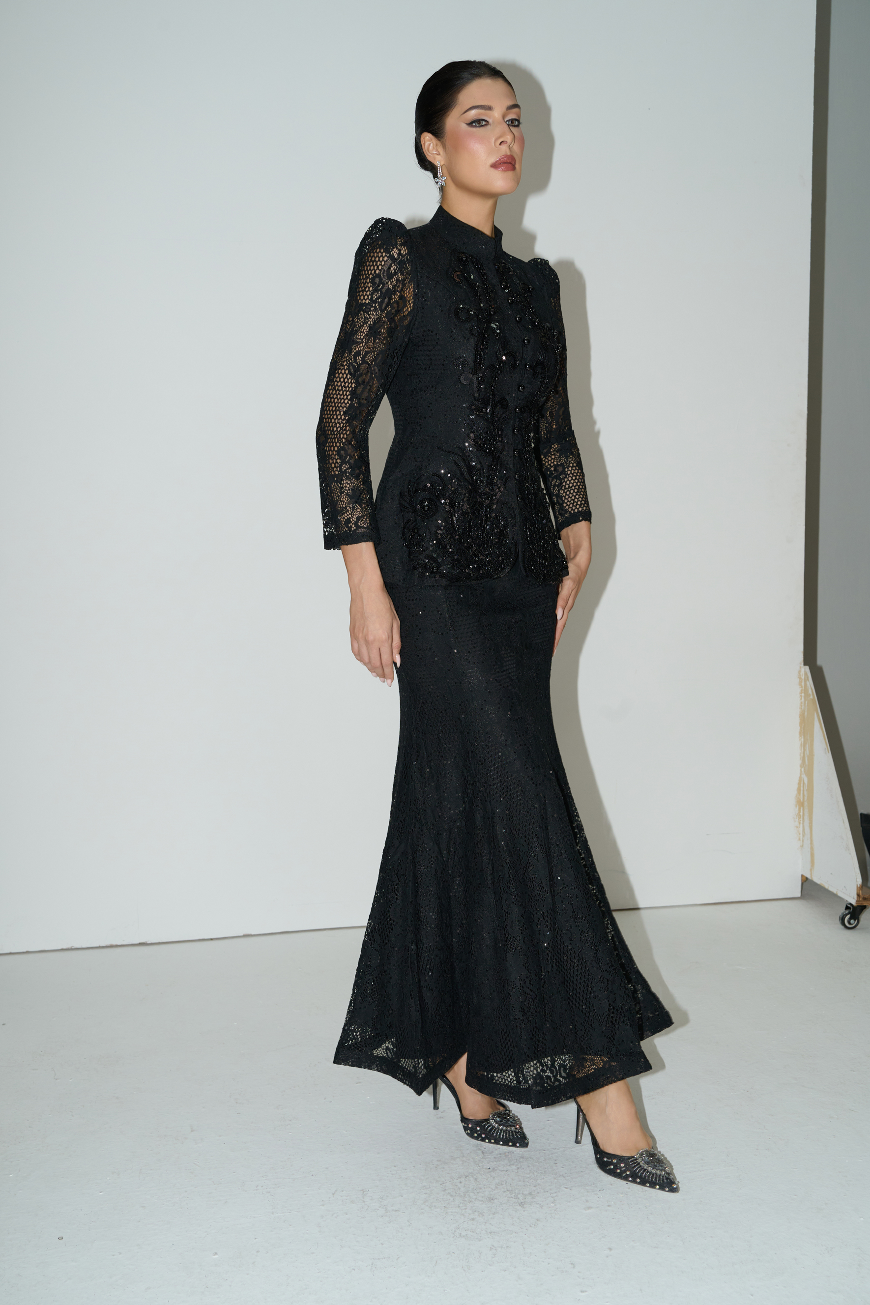 Romance Language Black Floral Embroidered Sequin Jacket & Skirt Set-purelyfable