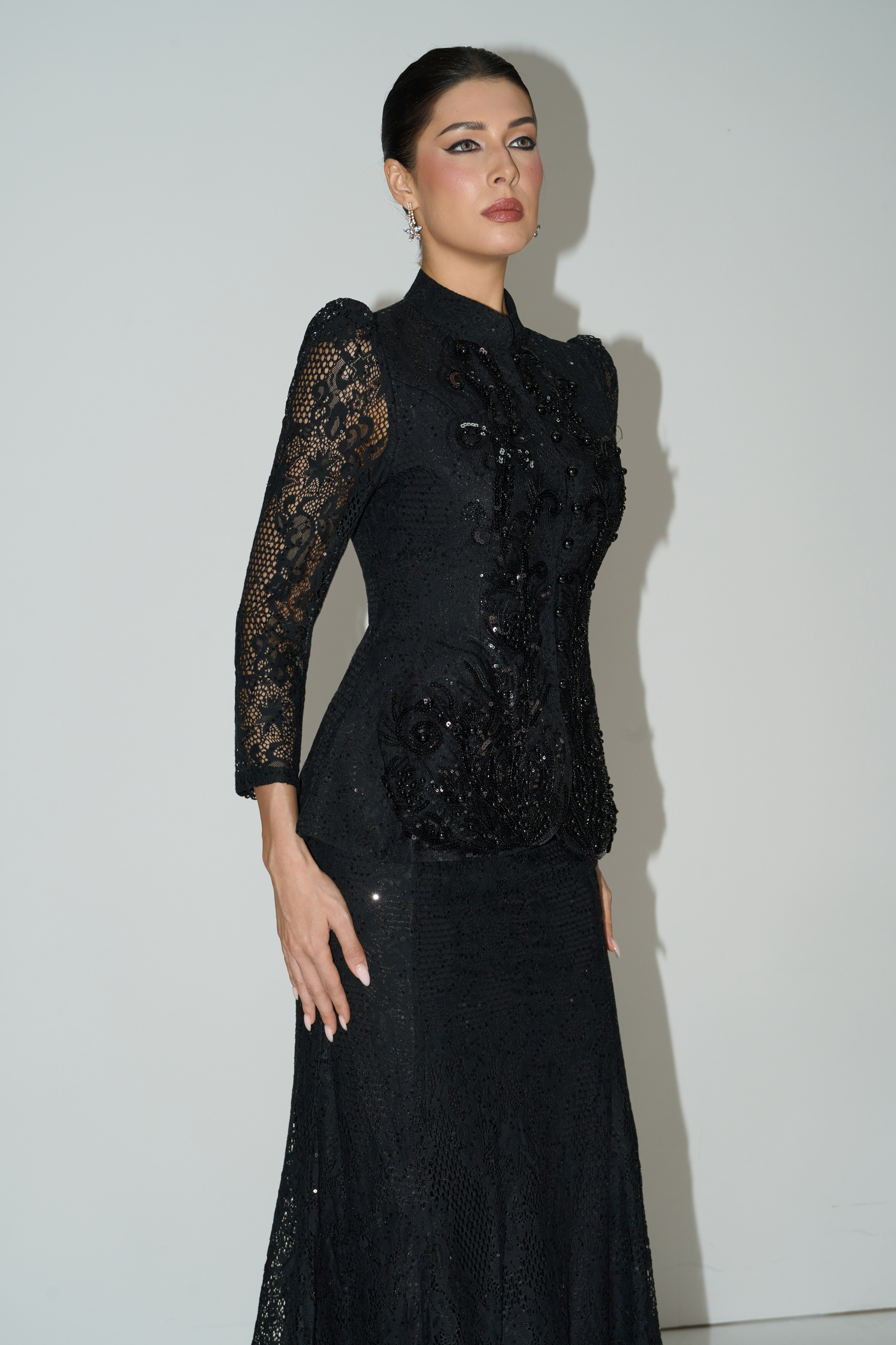 Romance Language Black Floral Embroidered Sequin Jacket & Skirt Set-purelyfable