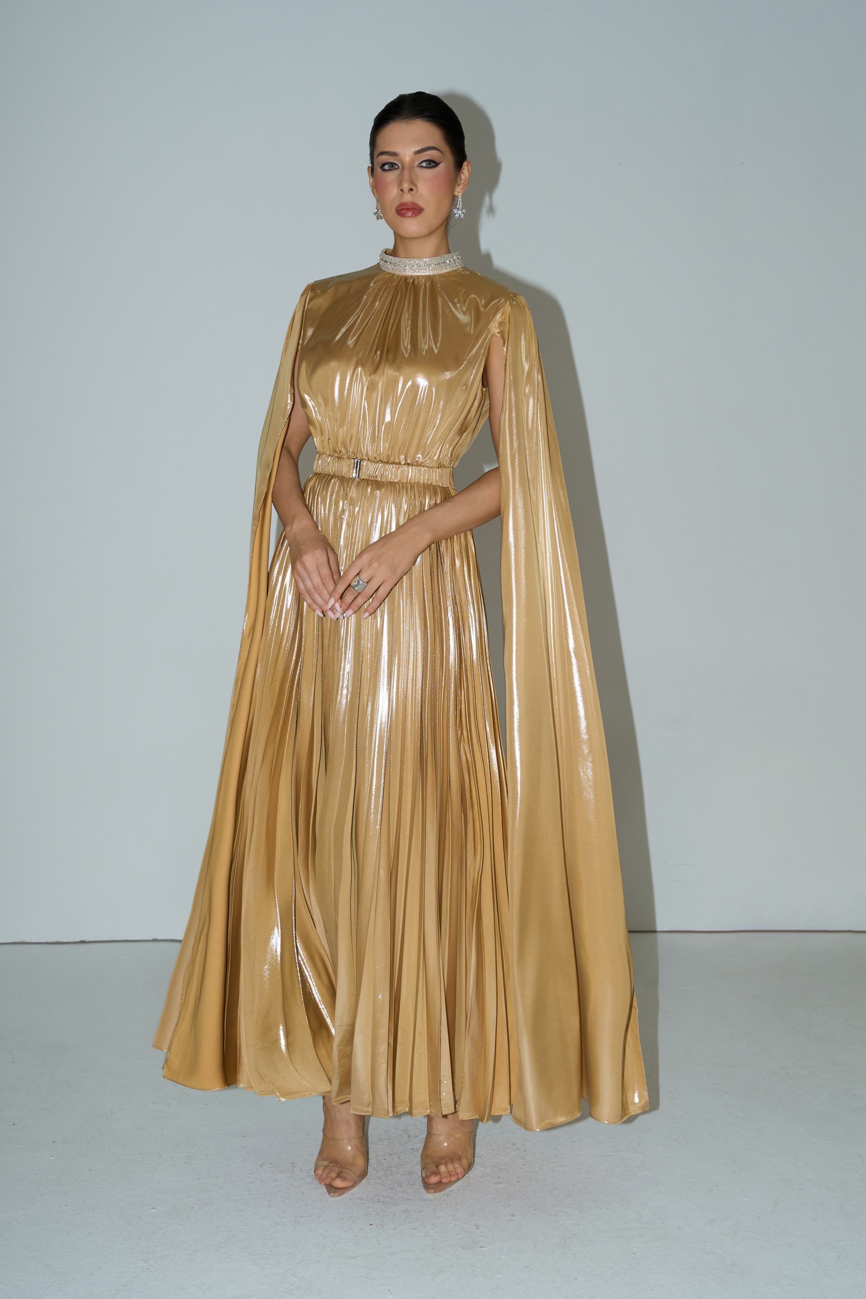 Starlit Shores Gold Cape Sleeve Pleated Maxi Dress-purelyfable