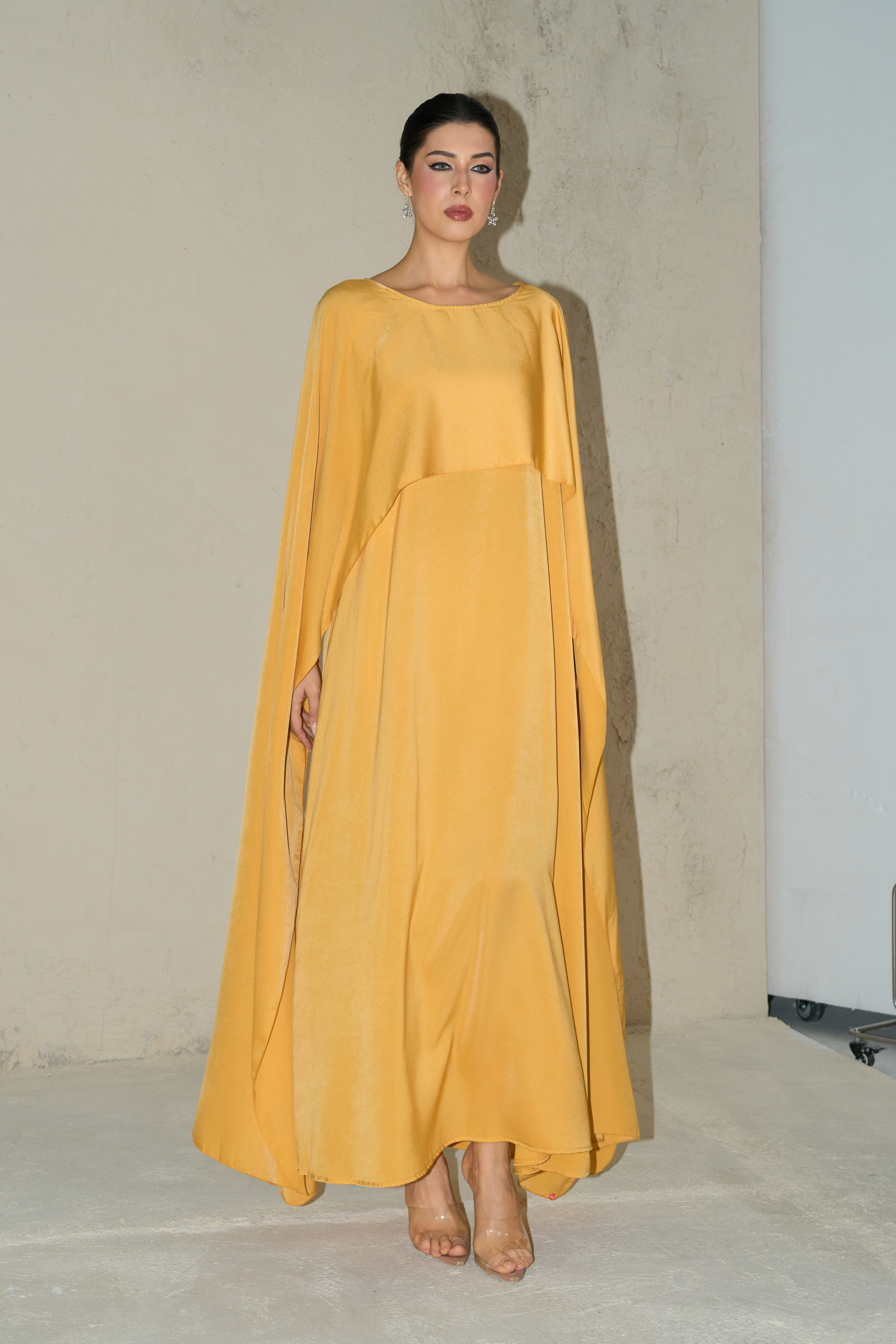 Bright Season Yellow Cape Sleeve Maxi Dress-purelyfable