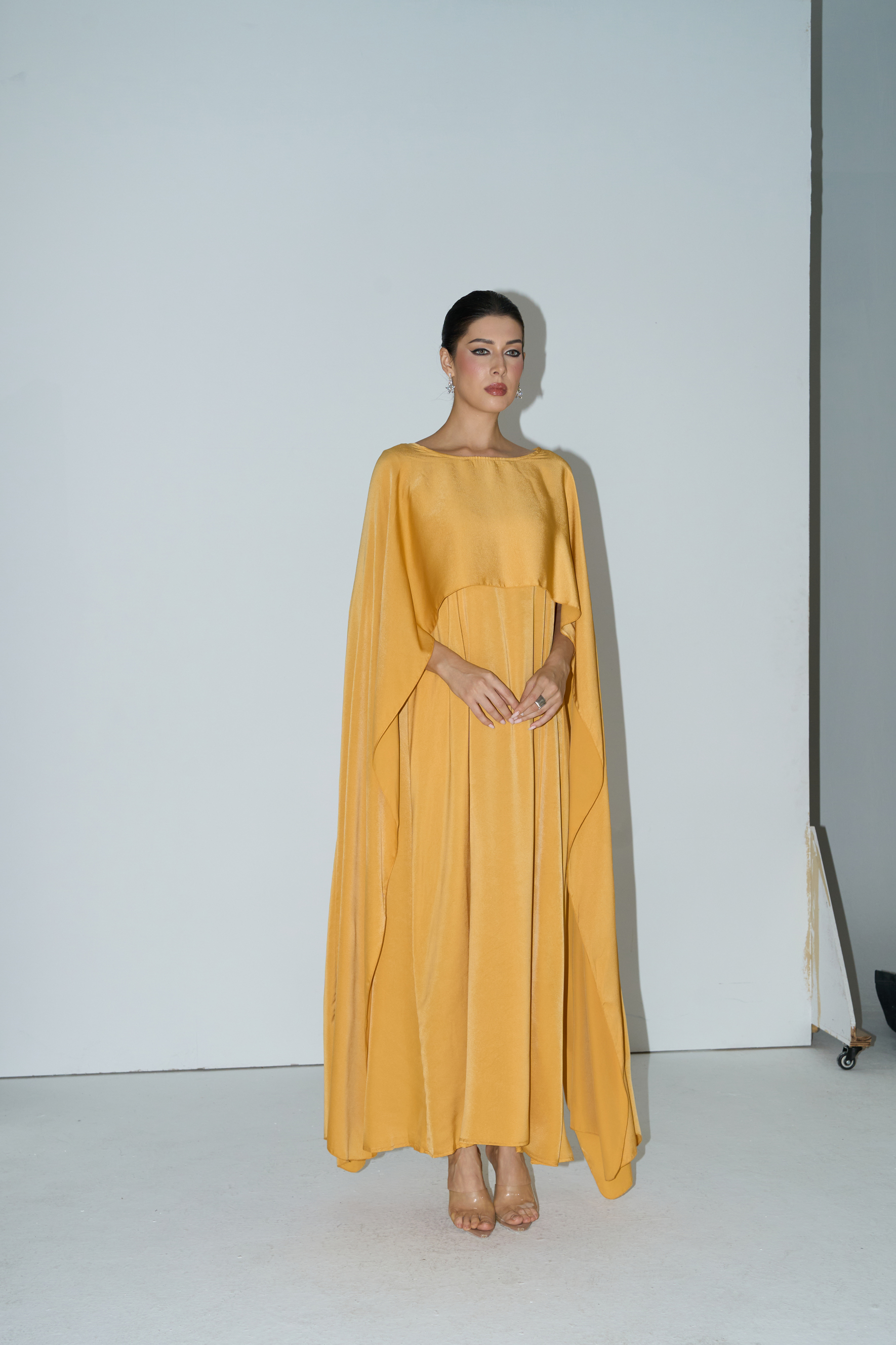 Bright Season Yellow Cape Sleeve Maxi Dress-purelyfable