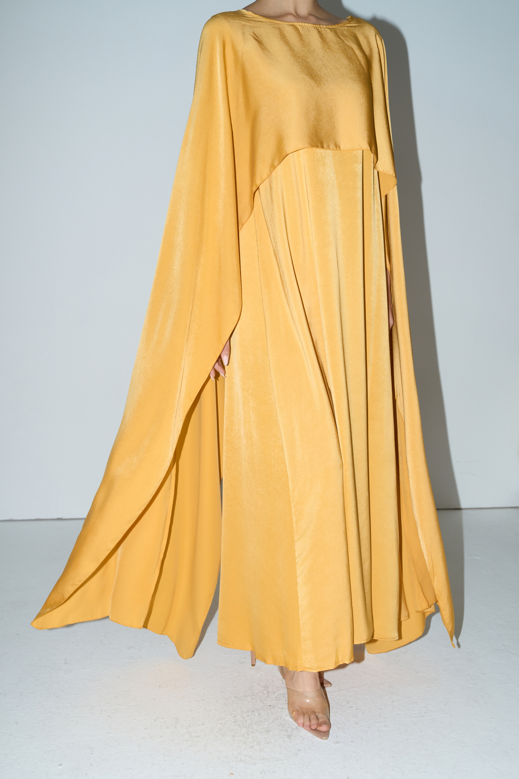 Bright Season Yellow Cape Sleeve Maxi Dress-purelyfable
