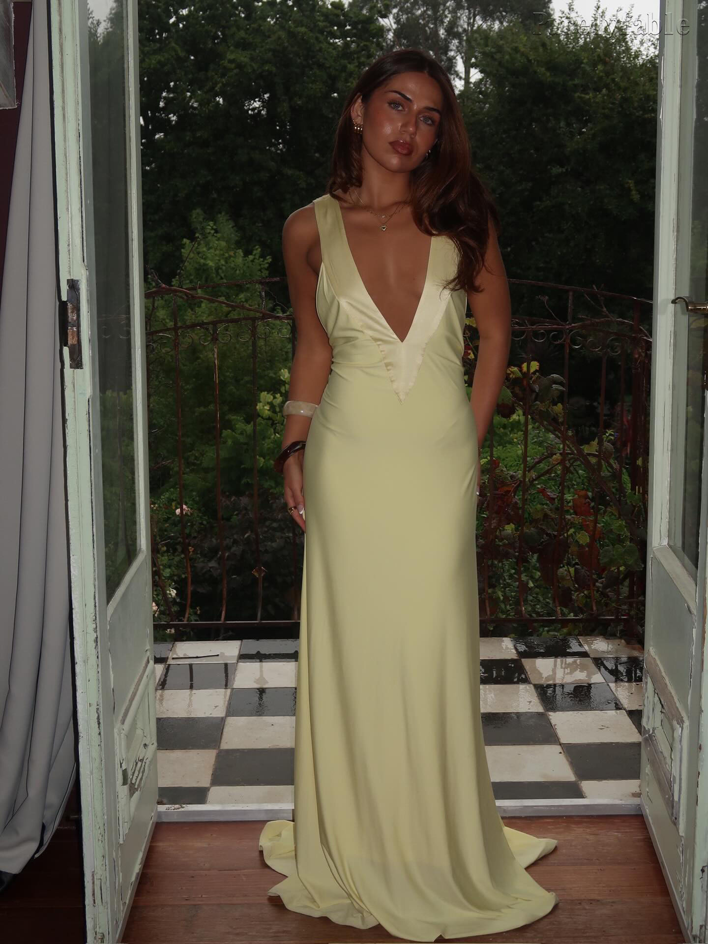 Clarissa Yellow Sleeveless Deep V-neck Evening Dress