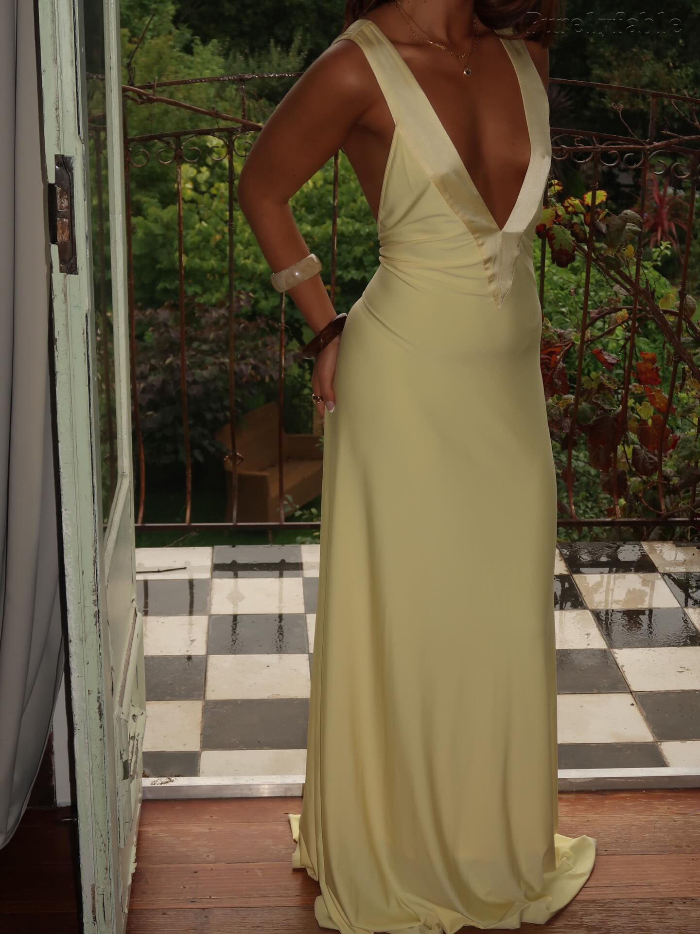 Clarissa Yellow Sleeveless Deep V-neck Evening Dress