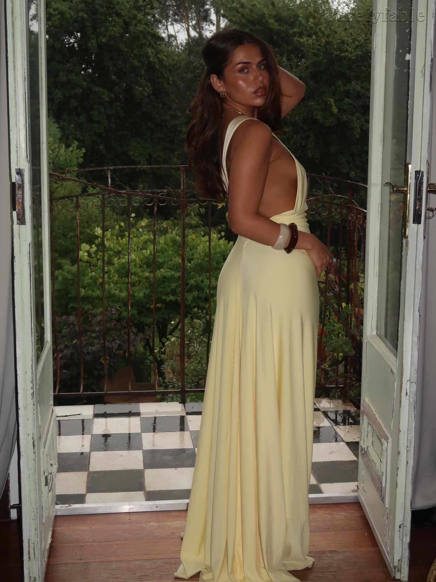 Clarissa Yellow Sleeveless Deep V-neck Evening Dress