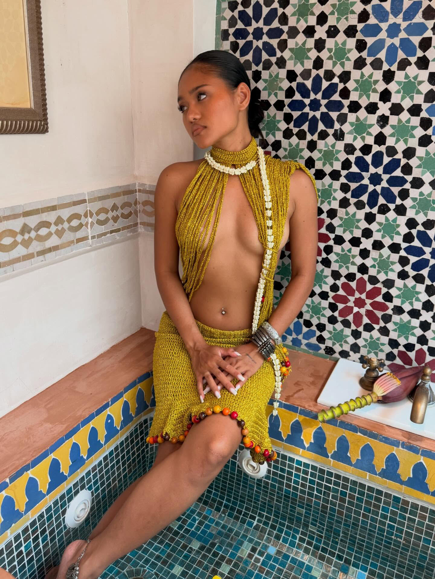 Willow Yellow Neck Hanging tassel Two Piece Dress Set