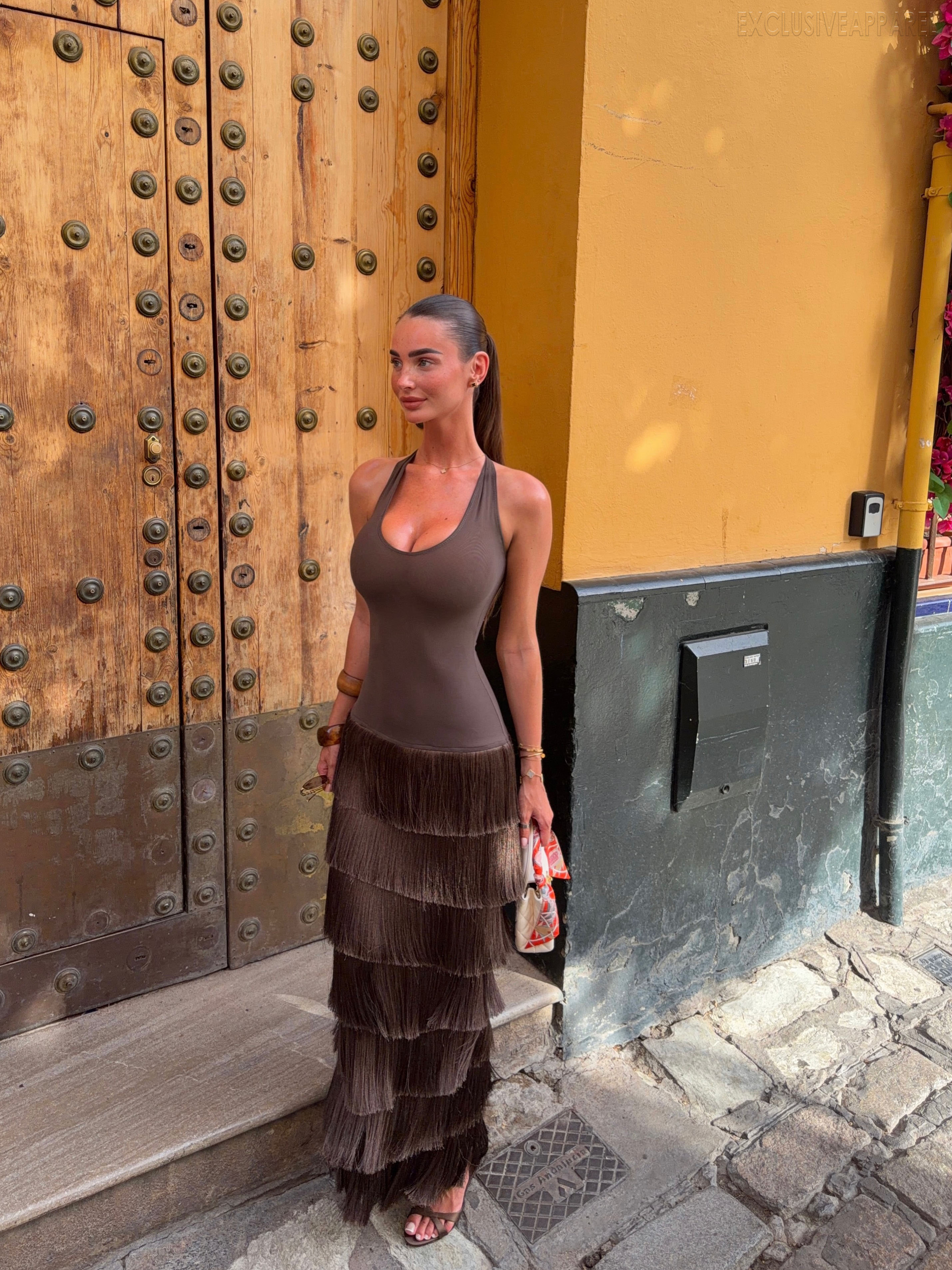 Eliza Brown Halter Neck Multi-Layer Long Dress