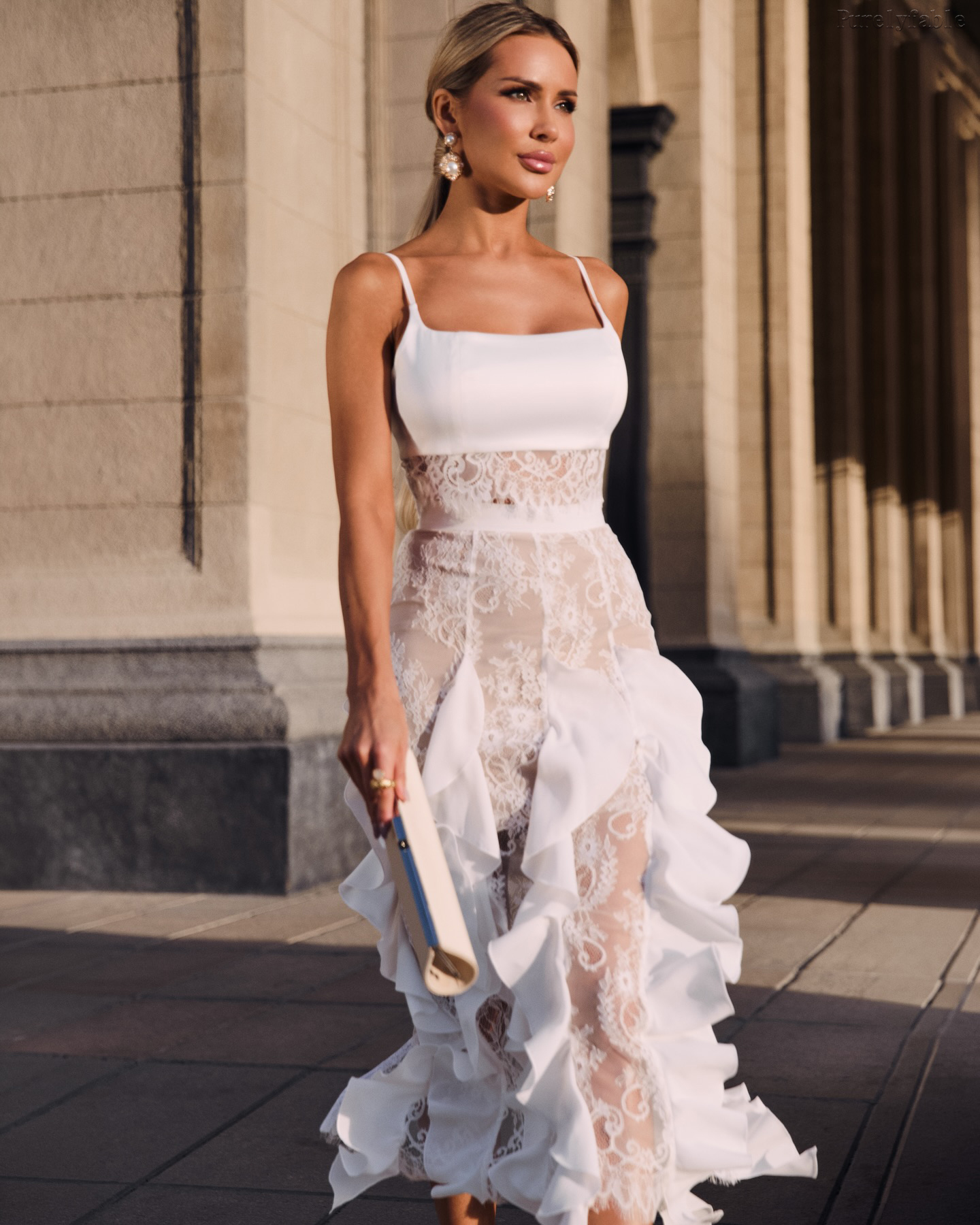 Elora White Thin Shoulder Strap Lace Keypad Dress Set