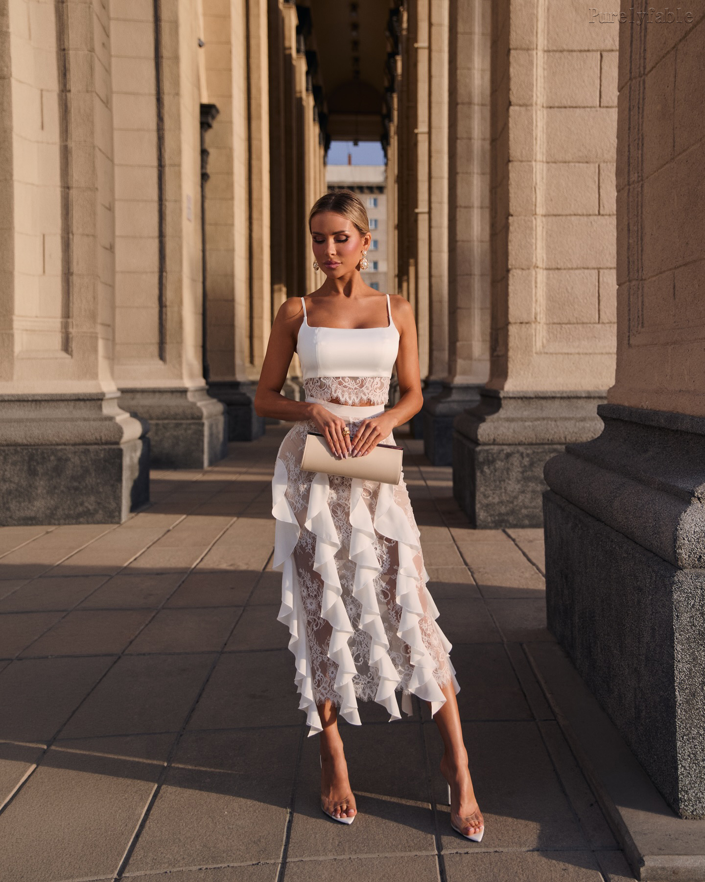 Elora White Thin Shoulder Strap Lace Keypad Dress Set