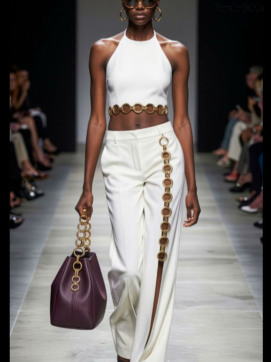 Gabriela White Neckline Short Blouse with Slit and Wide Leg Pants Set