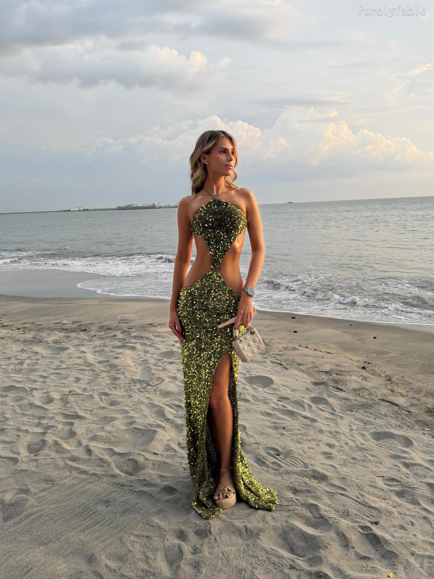 Ruby Green One Shoulder Hollow sequin Long Dress