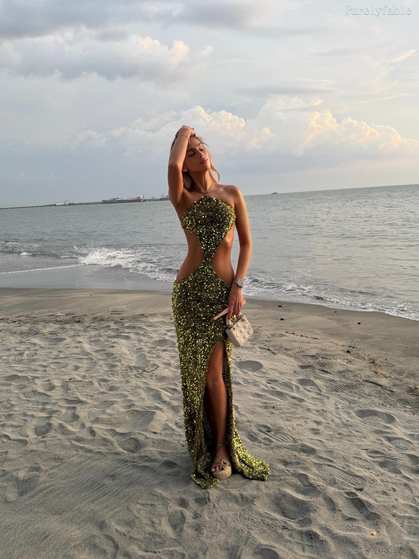 Ruby Green One Shoulder Hollow sequin Long Dress