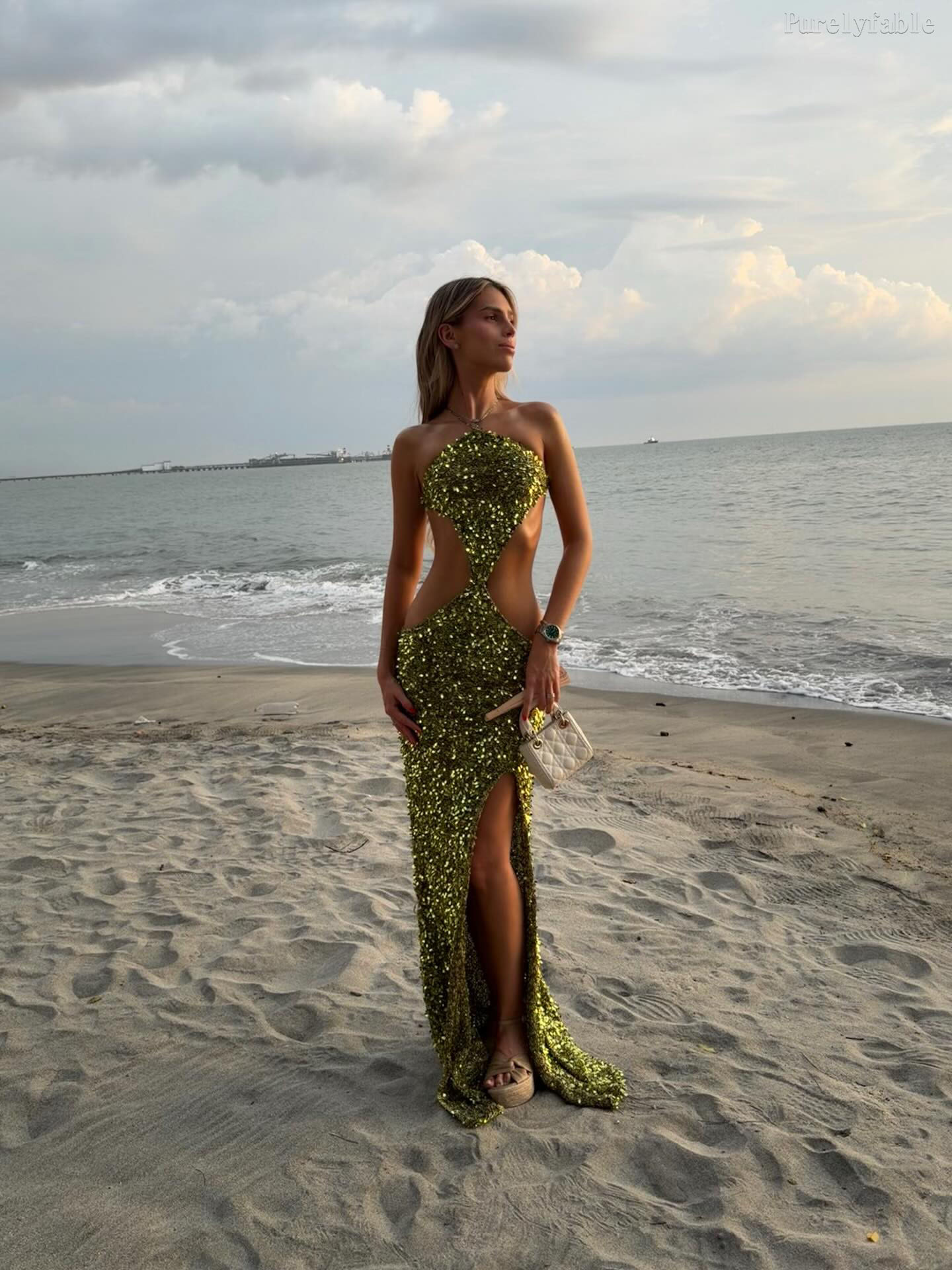 Ruby Green One Shoulder Hollow sequin Long Dress