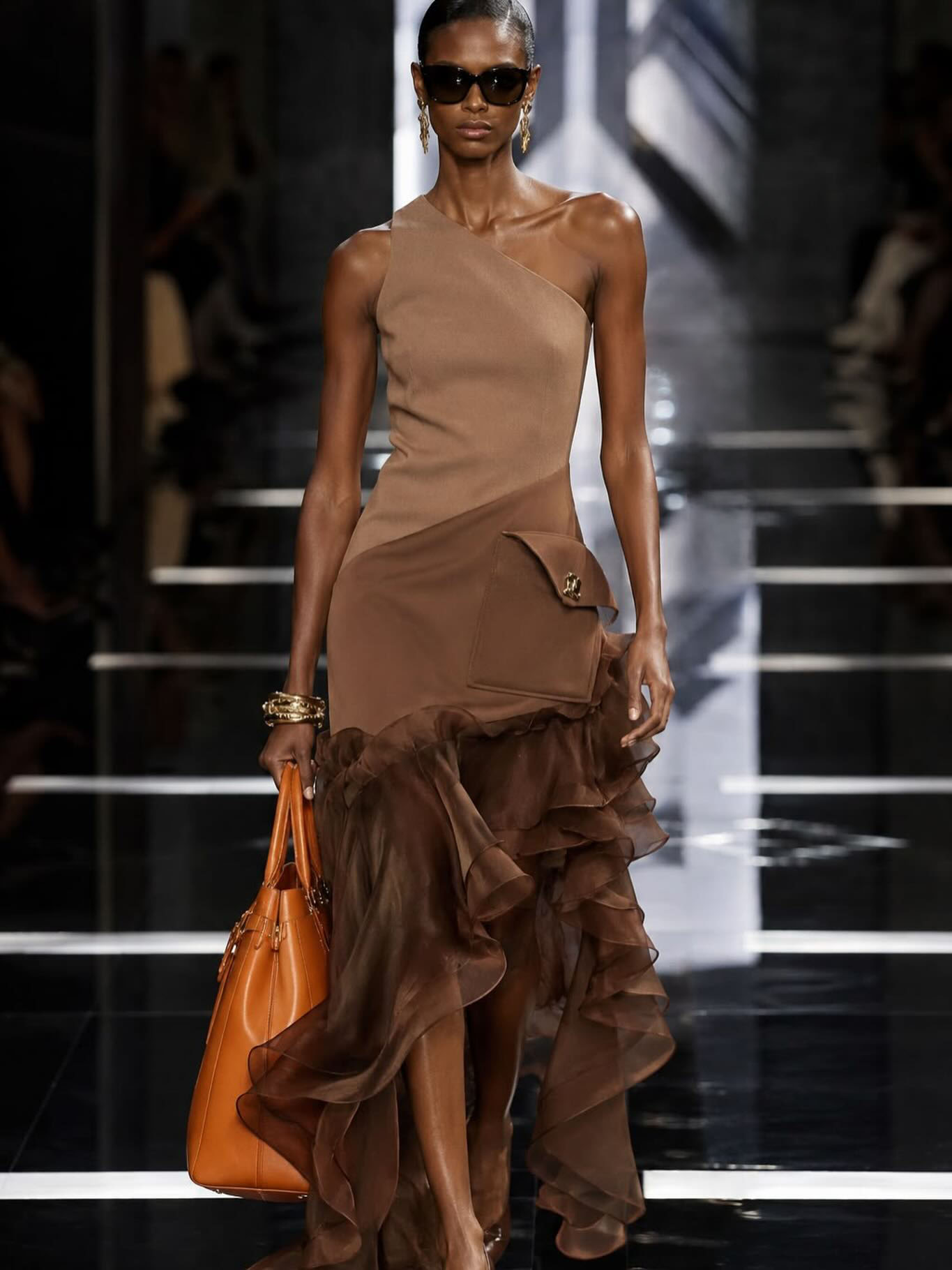 Gabriela's Brown Single-Shoulder Ruffled Dress
