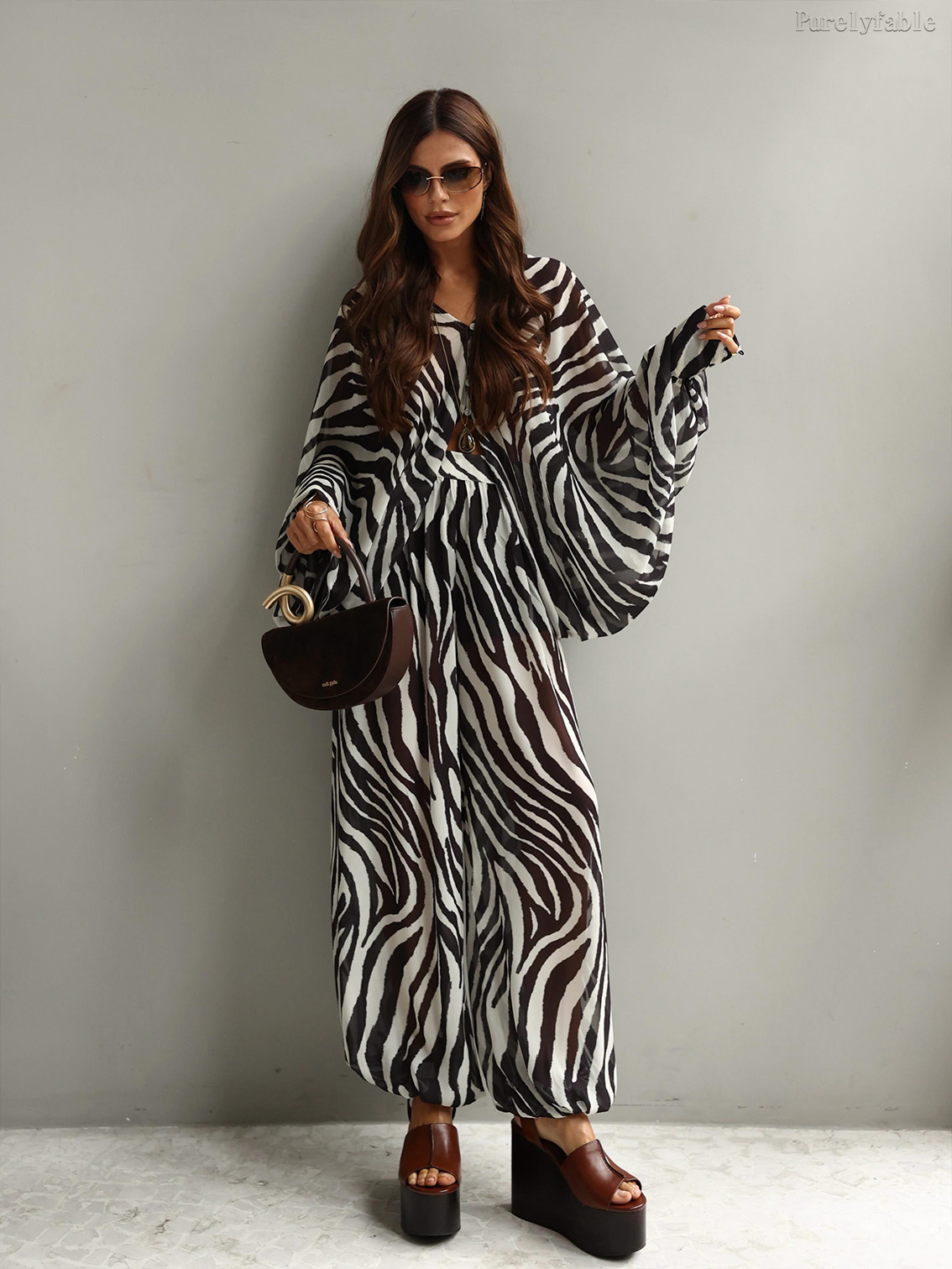 Juliette Black And White Zbra Print Flared Sleeve Long Pants Two-Piece Set