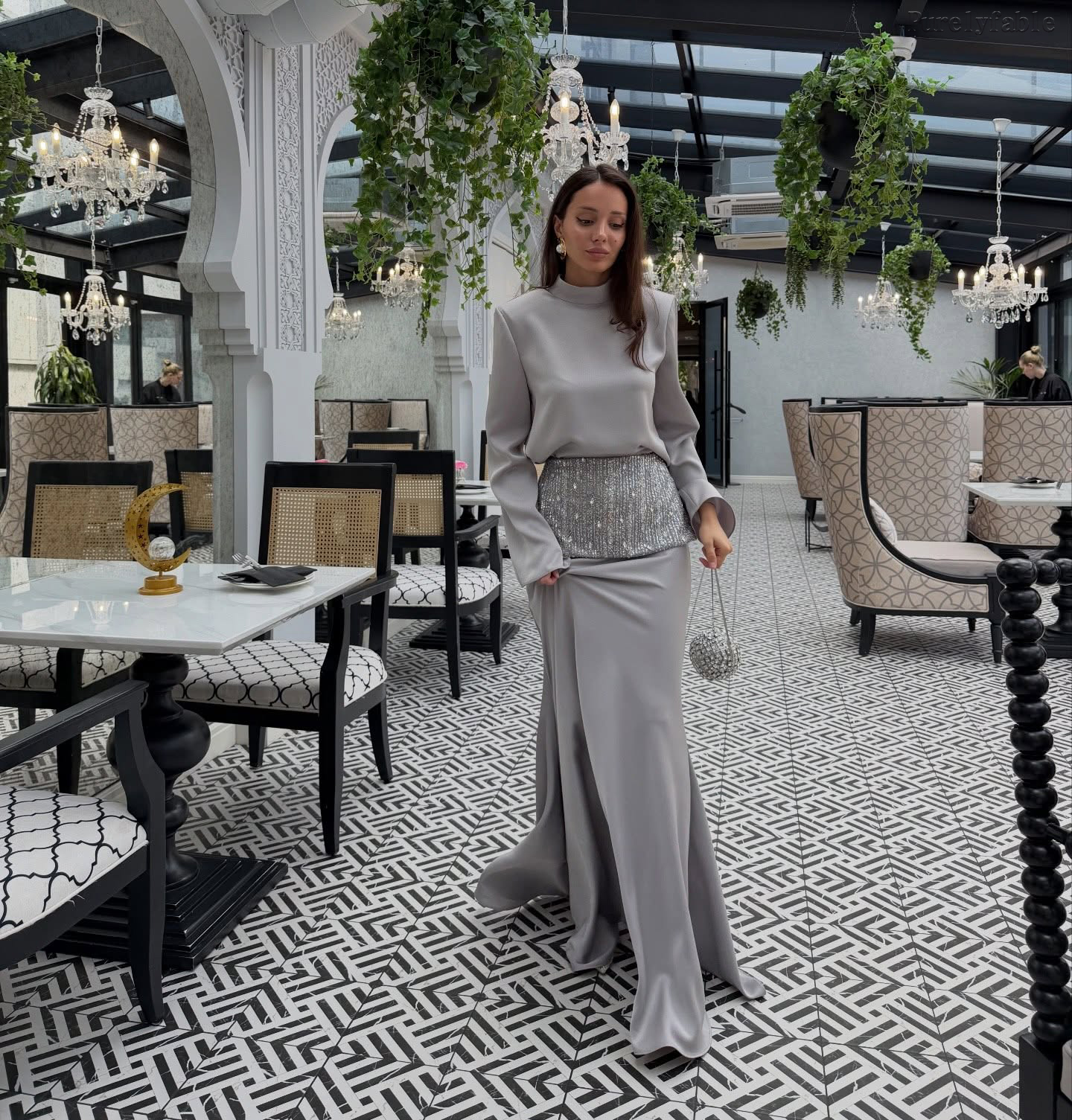 Leandra Grey High-neck Long-sleeved Fish-tail Dress Set