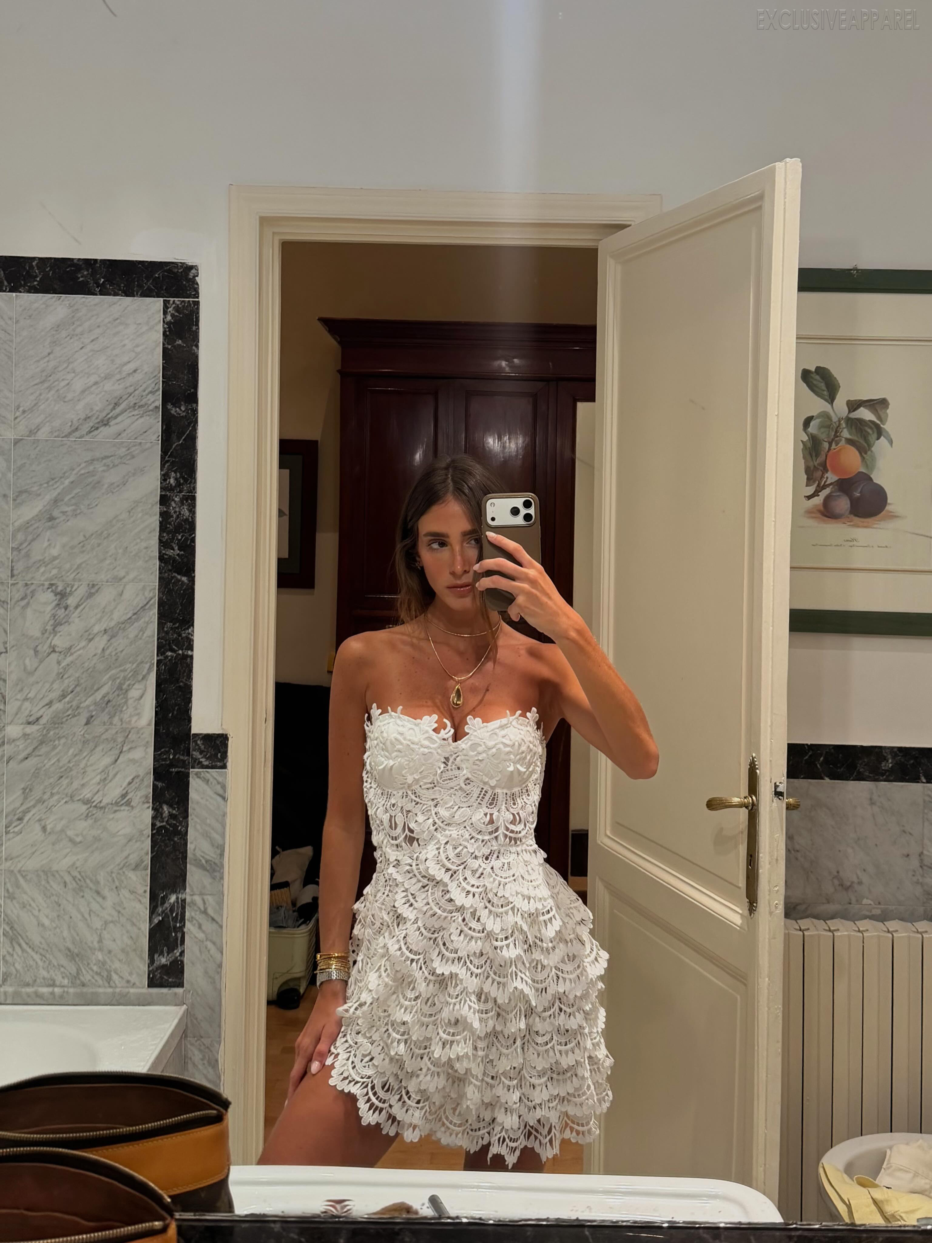 Stella White Strapless Layered Lace Short Dress