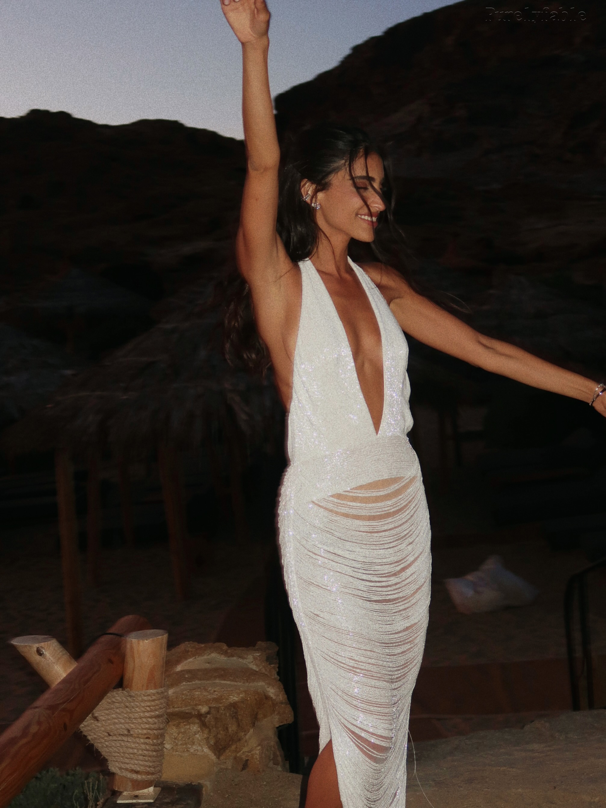 Liora White Neckline Deep V Mesh Ruffled Long Dress