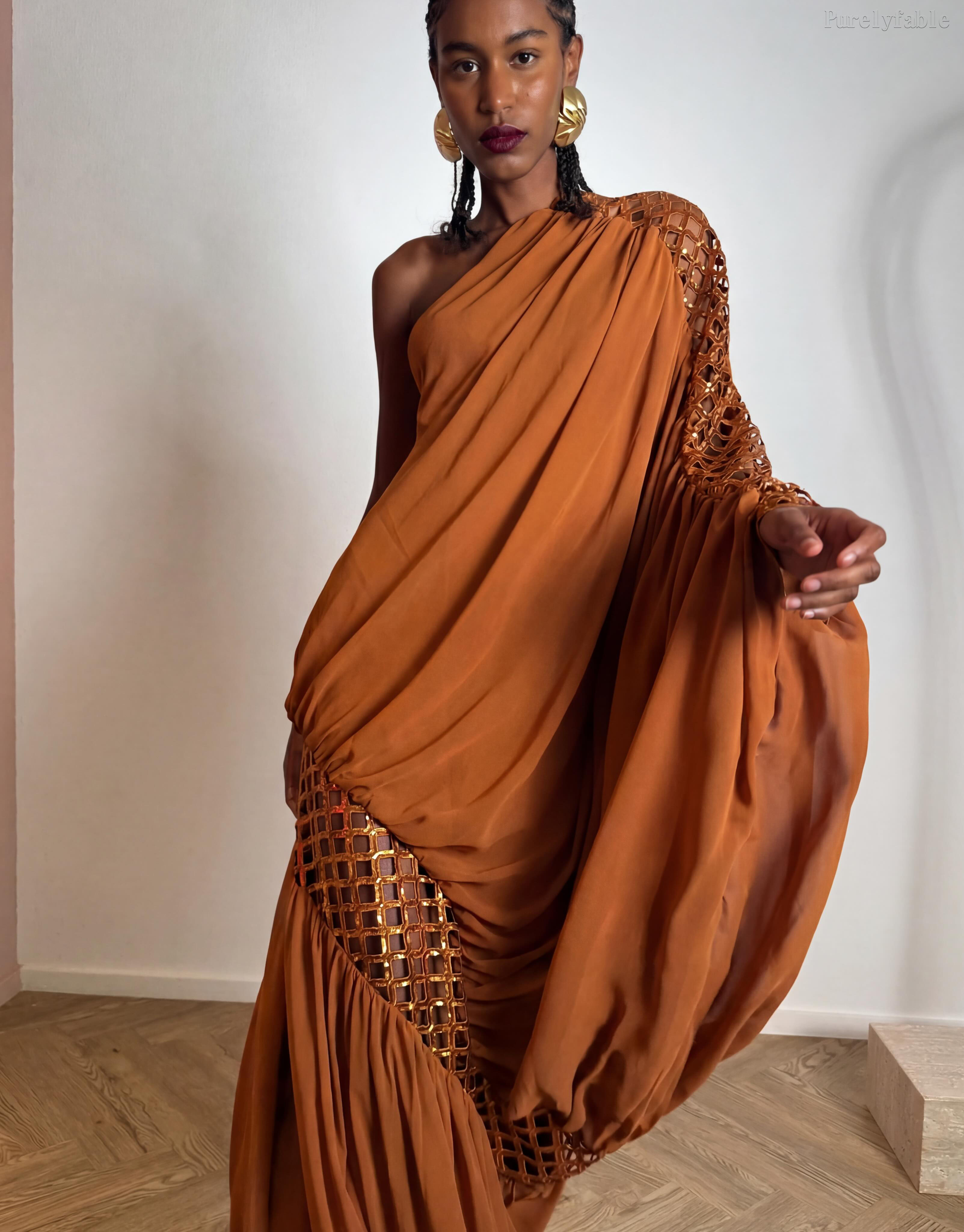 Vivienne Brown Single Shoulder Hollow Mesh Dress