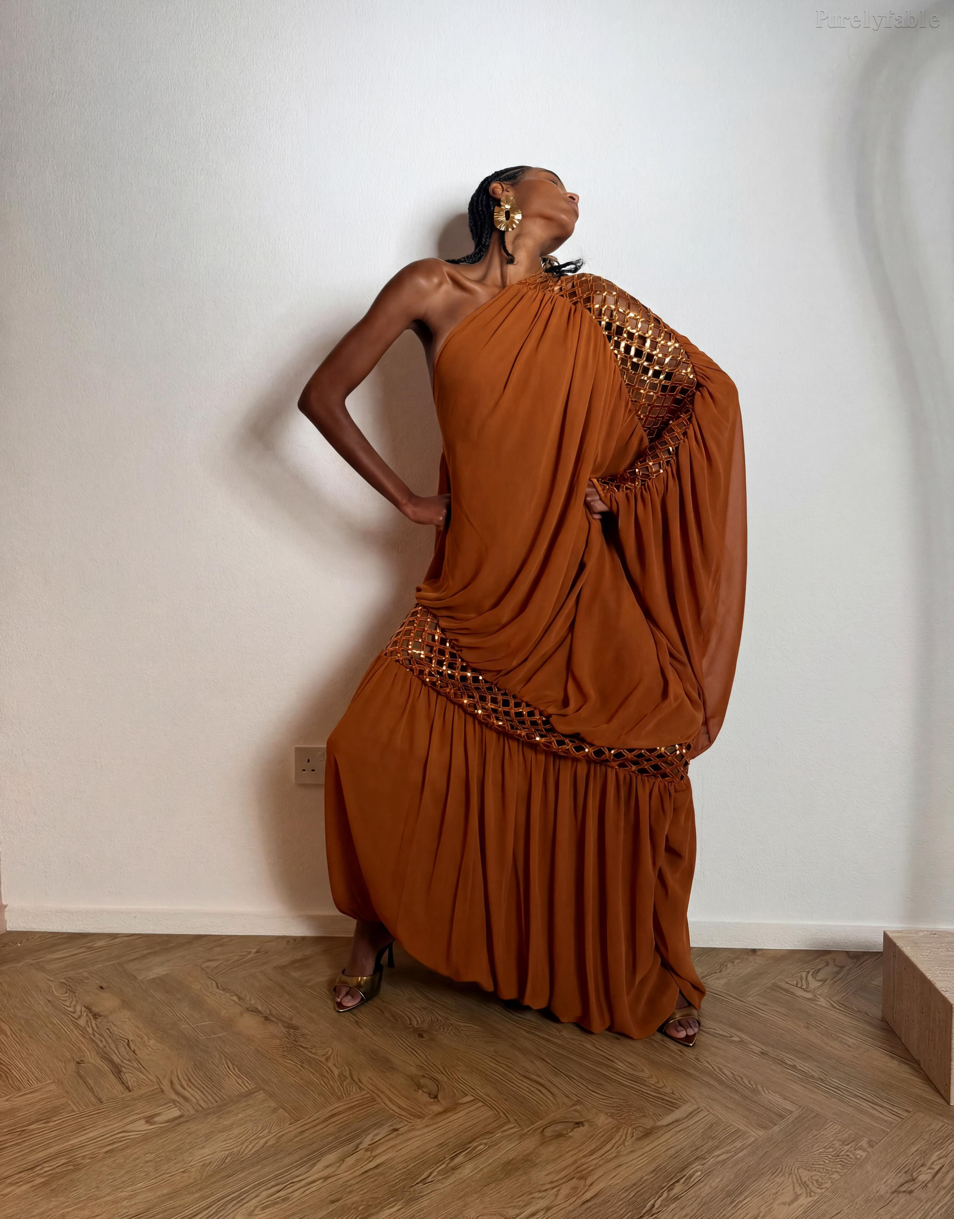 Vivienne Brown Single Shoulder Hollow Mesh Dress