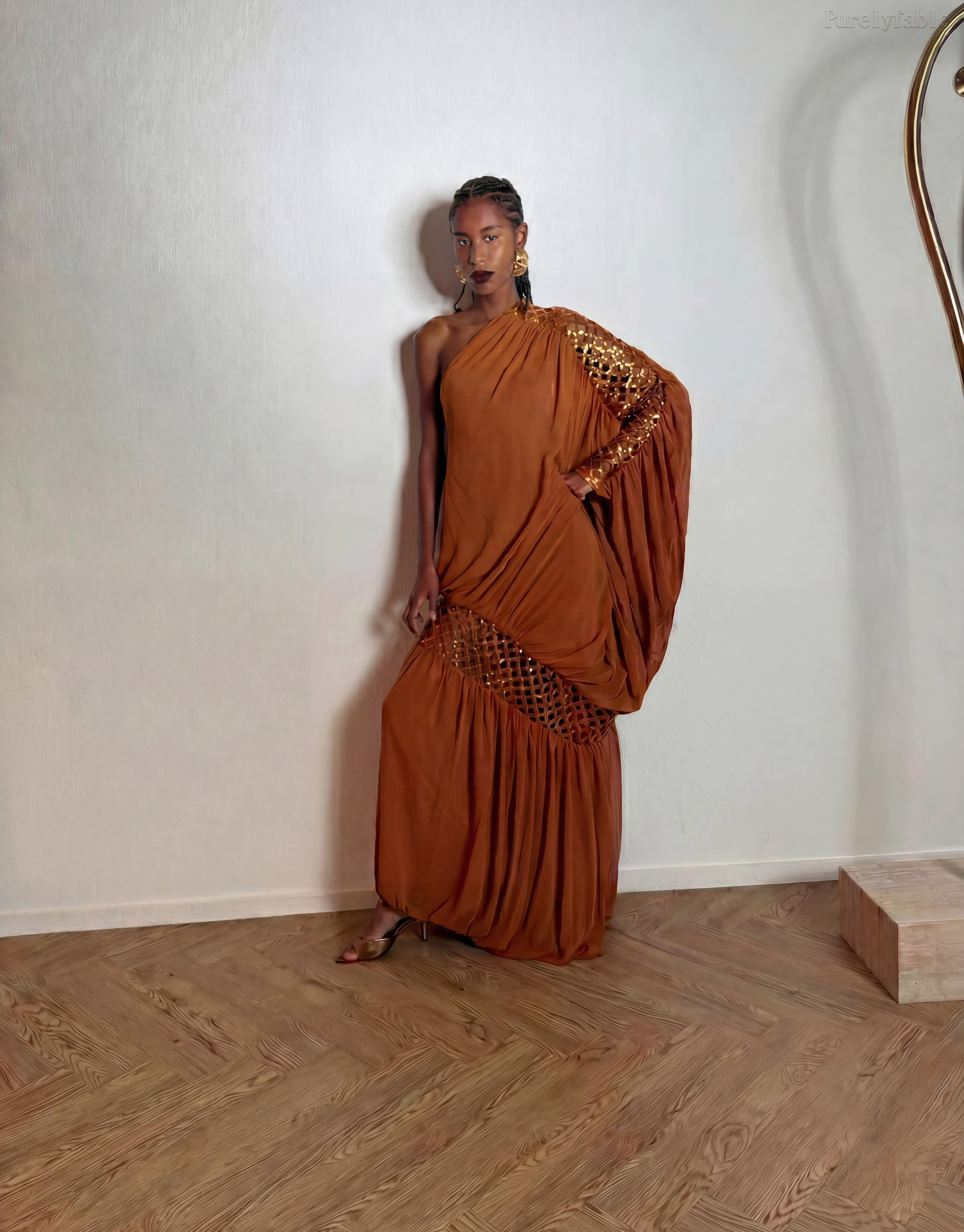 Vivienne Brown Single Shoulder Hollow Mesh Dress