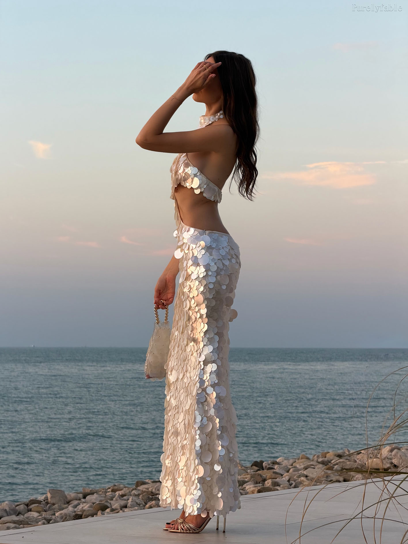 Liliana White Sequin Patchwork Long Skirt