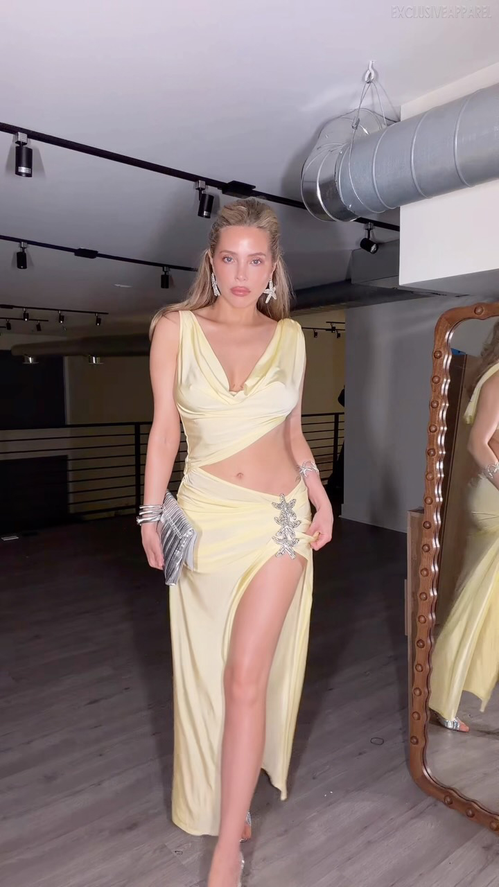 Madelyn Yellow Open Collar Hollowed Out High Slit Long Dress