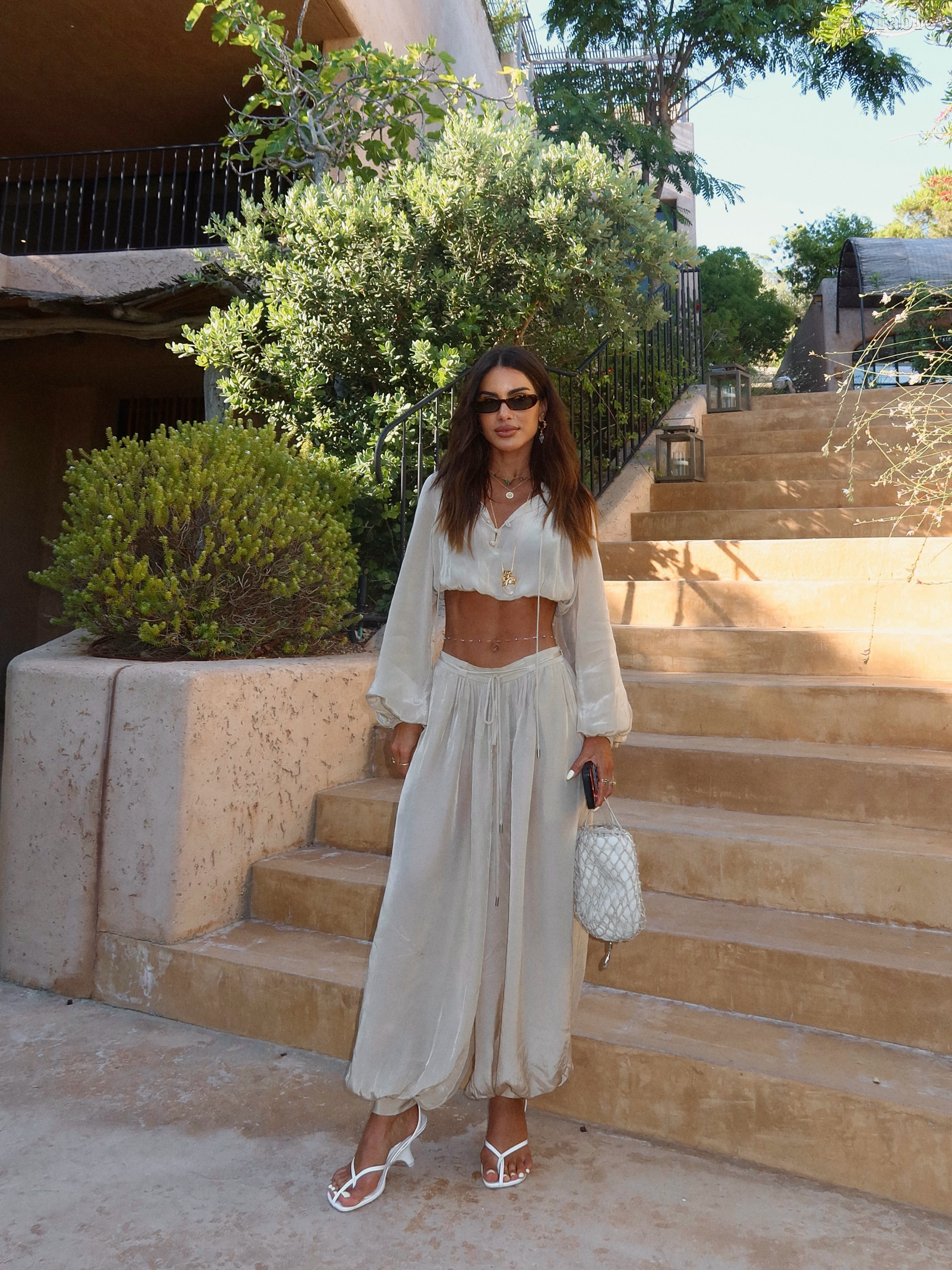 Darcy White V-neck High-Waisted Long Pants Set