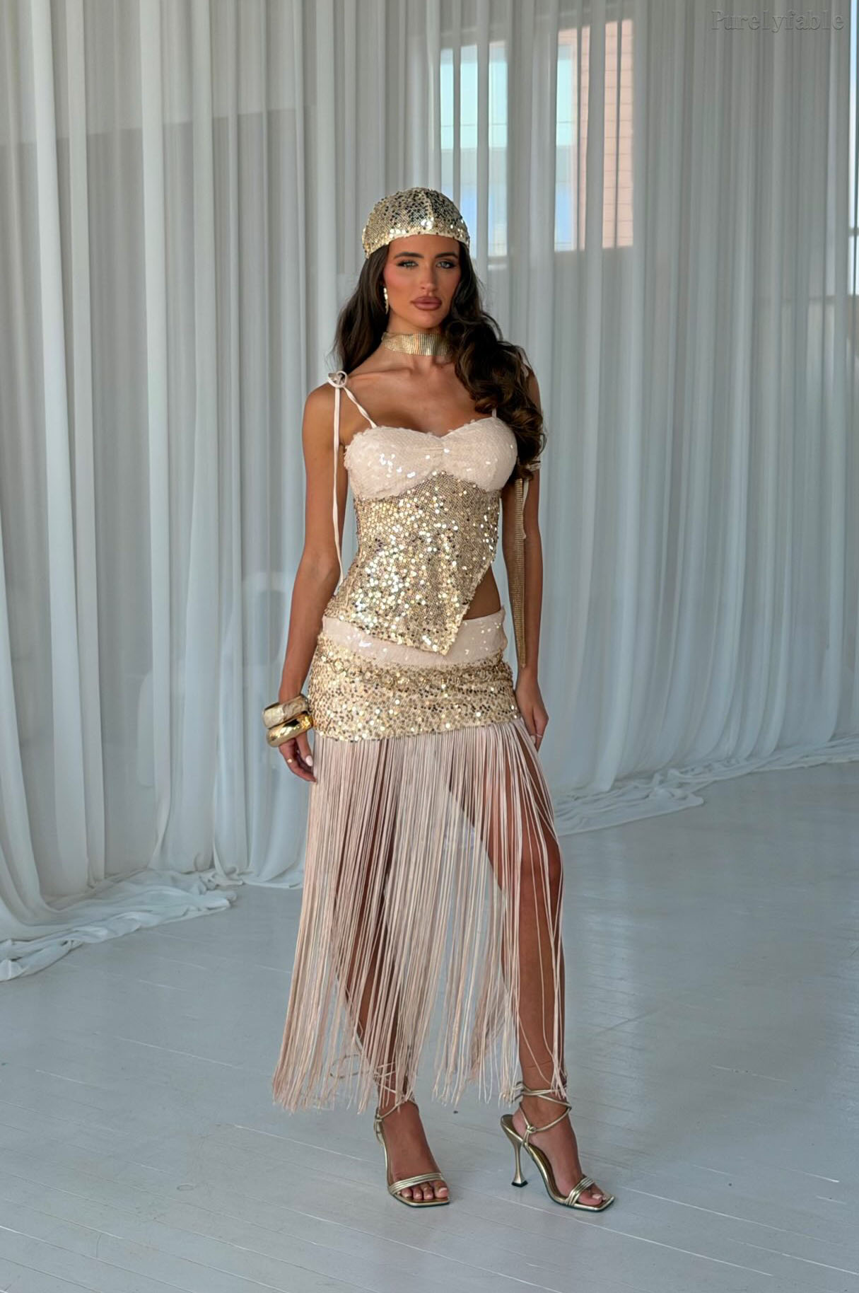 Arielle Champagne Gold Sequin Strapless Dress and Hat Three Piece Set