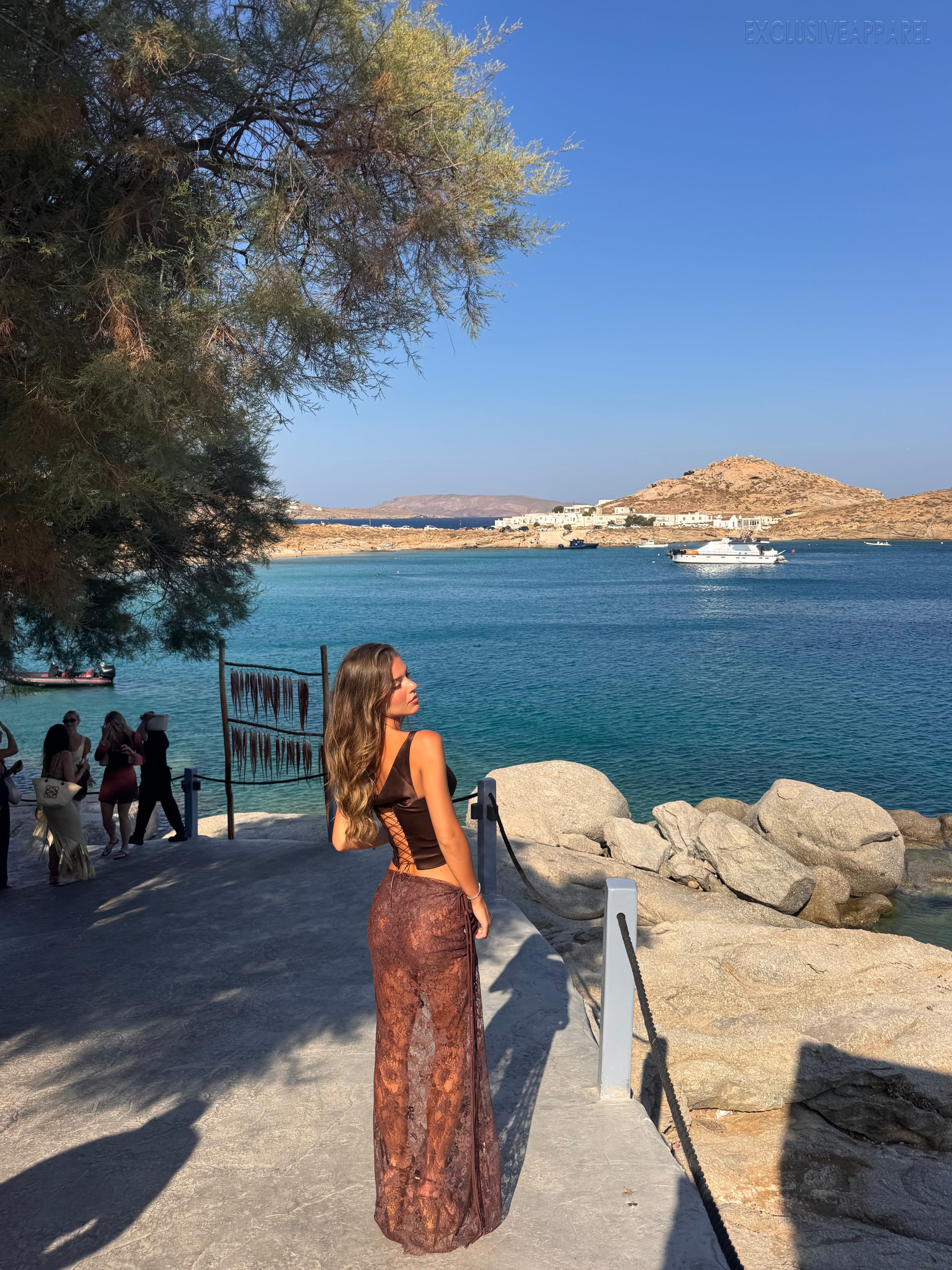 Noelle Brown Off-Shoulder Dress WithTwo-Piece Skirt Set