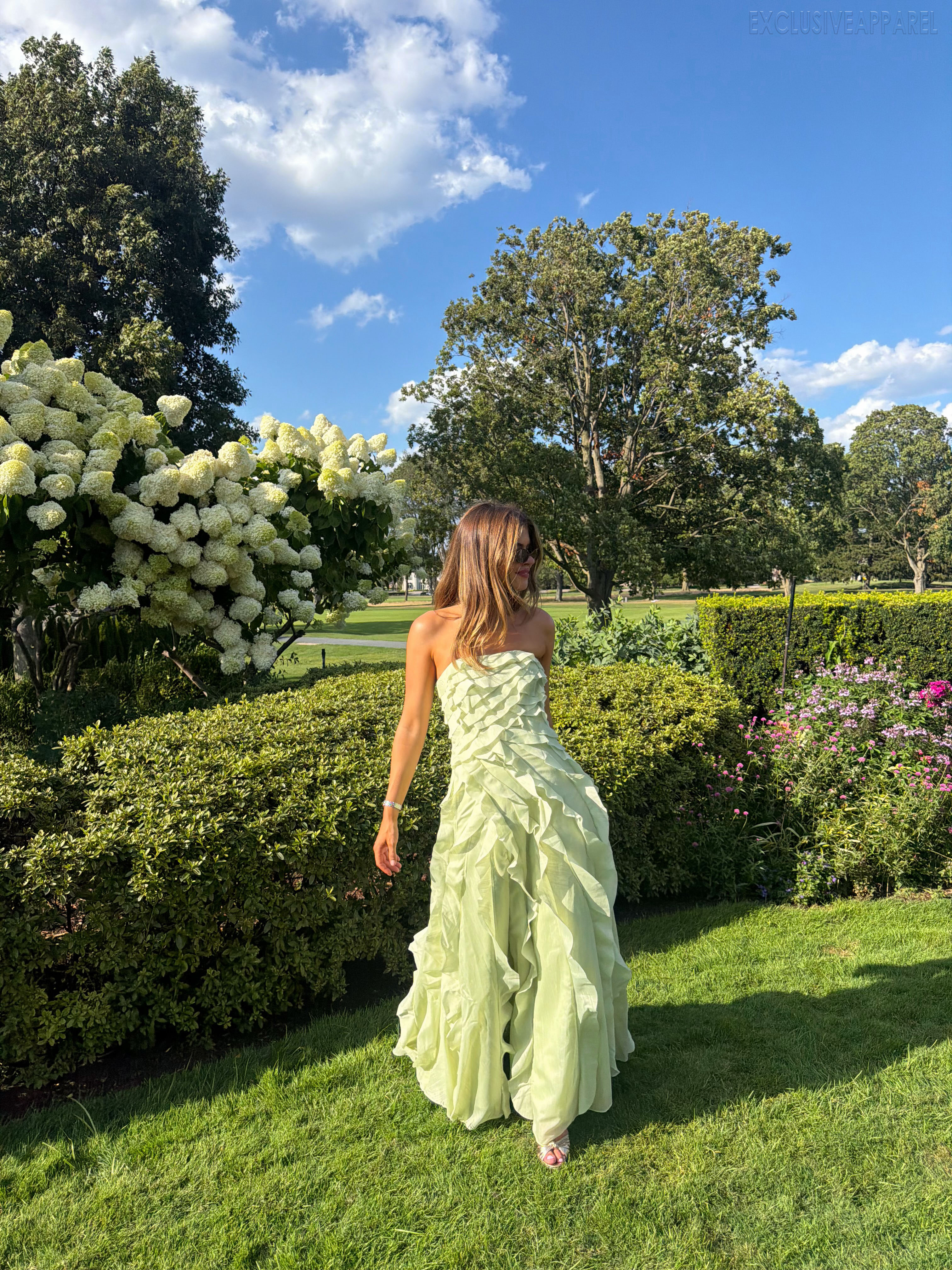 Flora Green Strapless Layered Long Dress