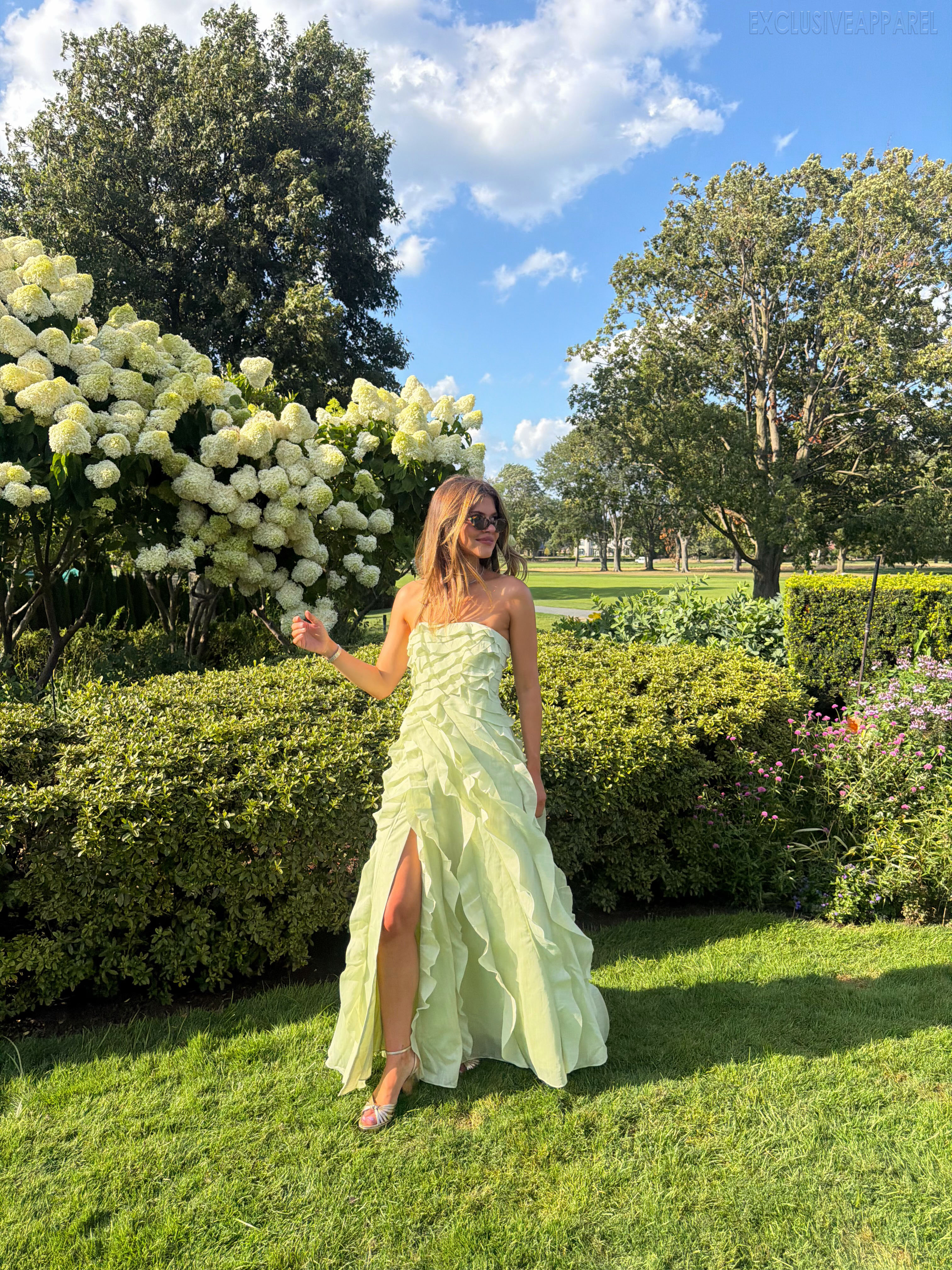 Flora Green Strapless Layered Long Dress