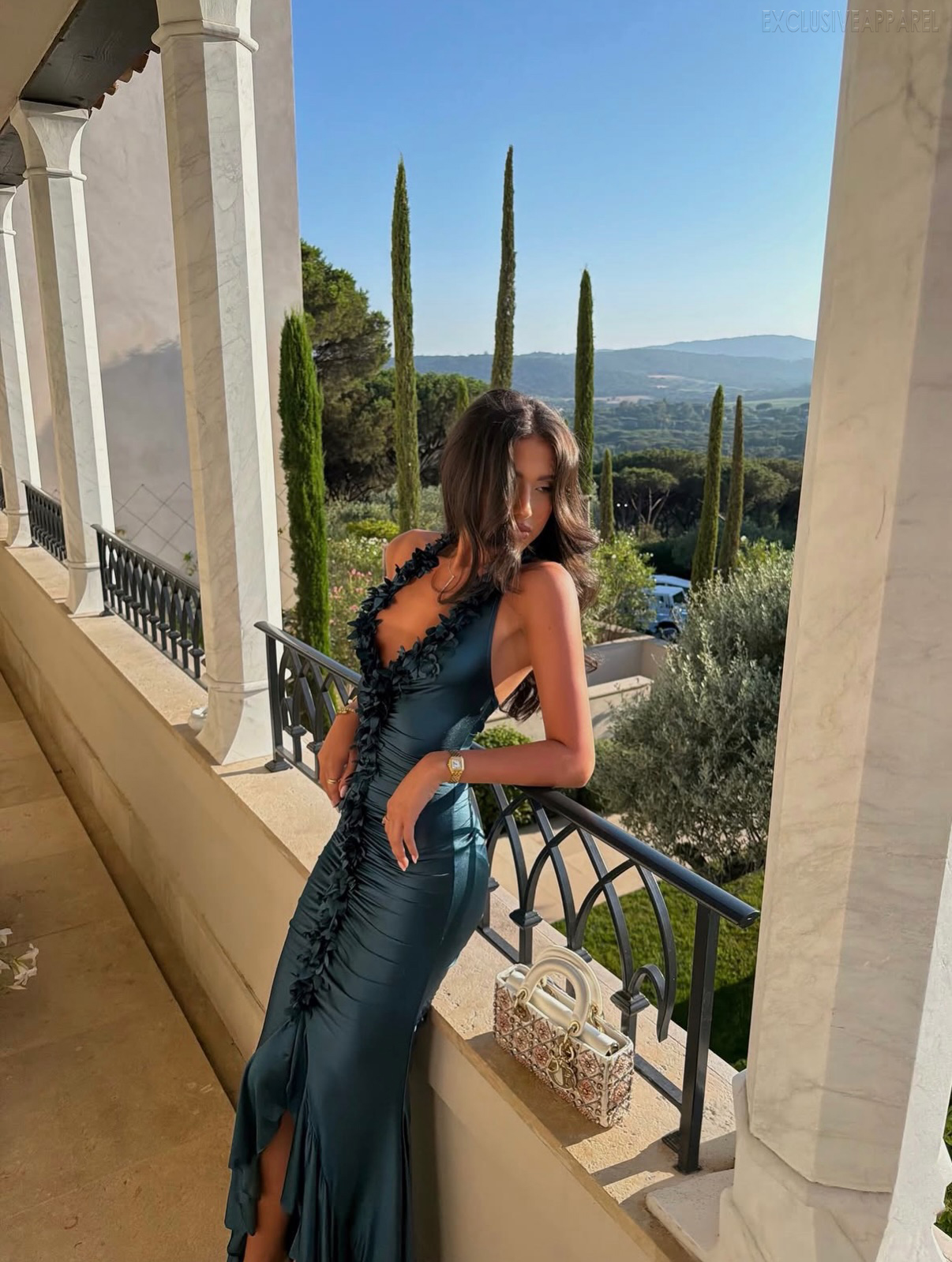 Emilia Deep Blue Neckline Deep V Slit Floor-Length Dress