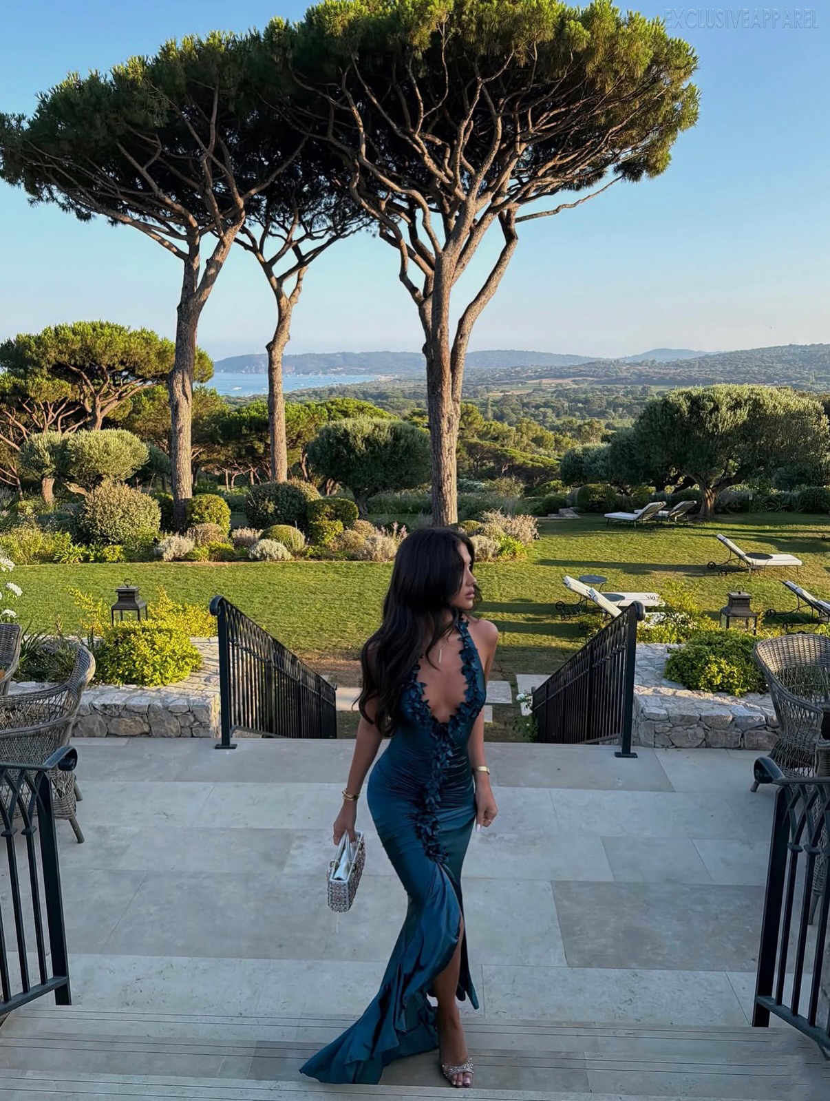 Emilia Deep Blue Neckline Deep V Slit Floor-Length Dress