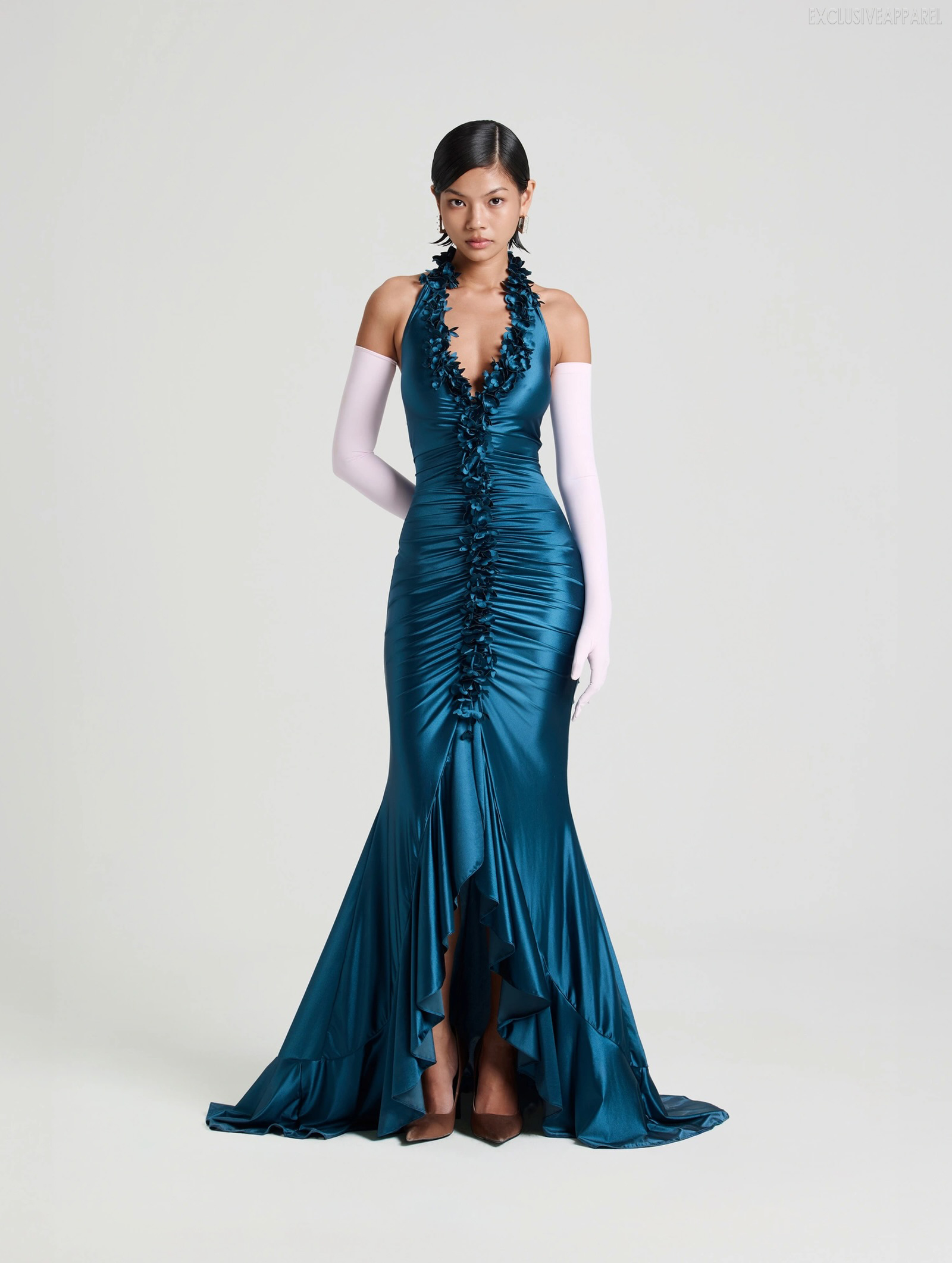 Emilia Deep Blue Neckline Deep V Slit Floor-Length Dress