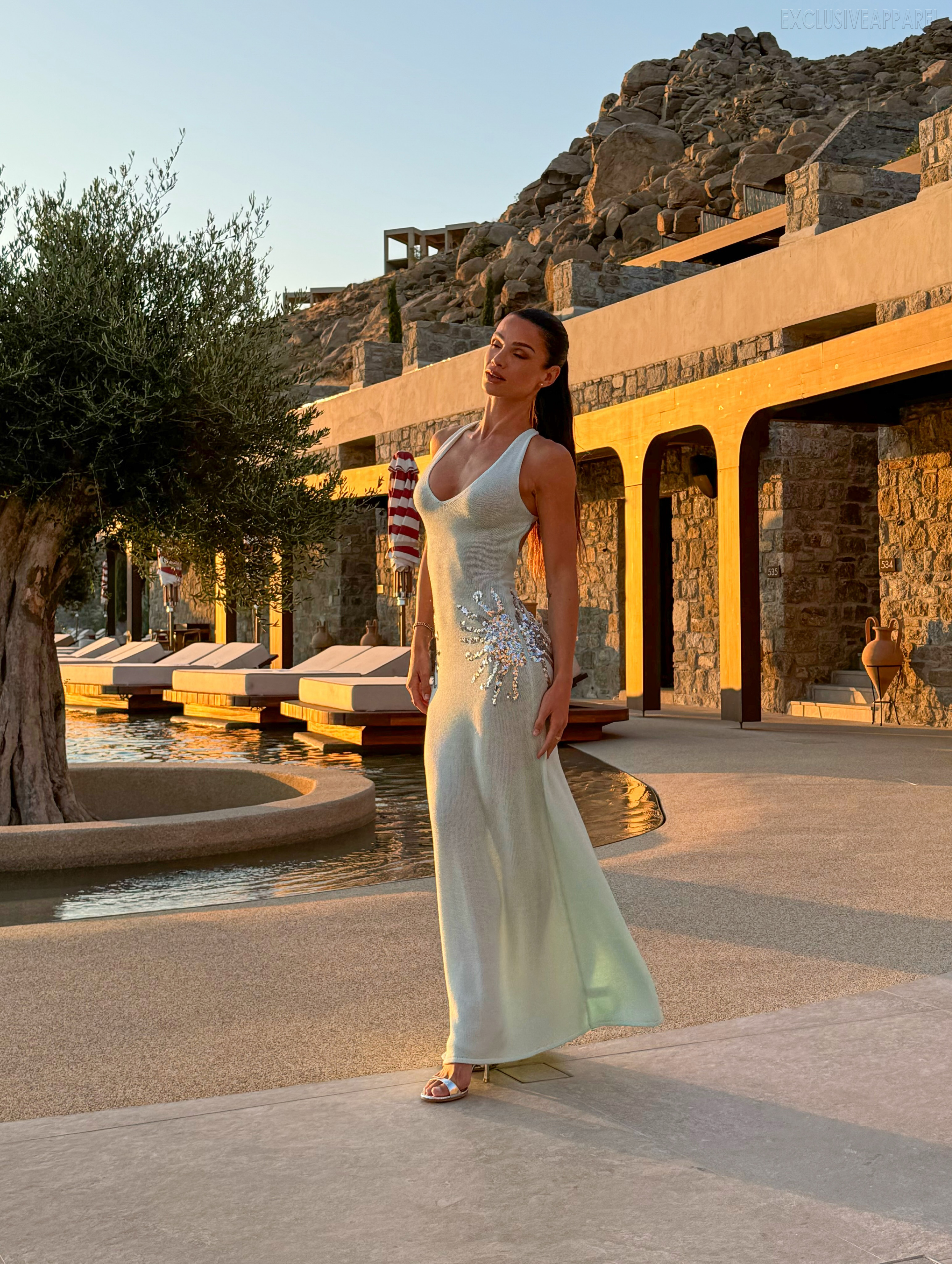 Jade Light green deep V-neck long dress shirt