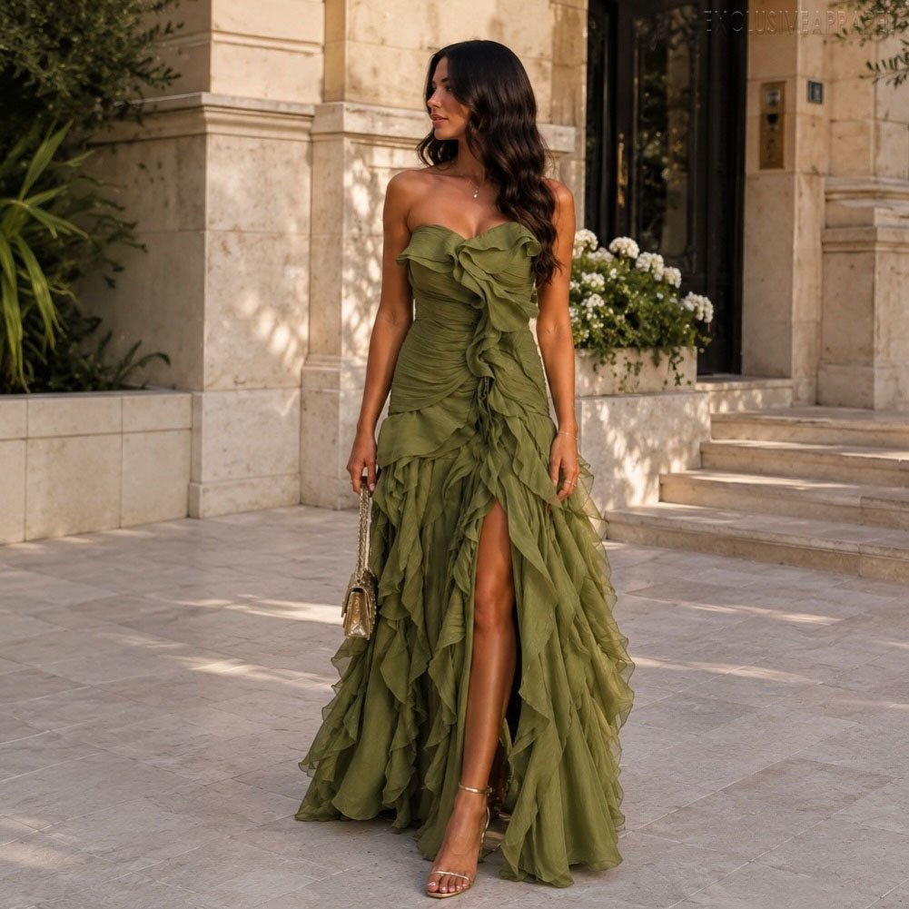 Heidi Green Strapless Frill-Edged V-Neck Dress