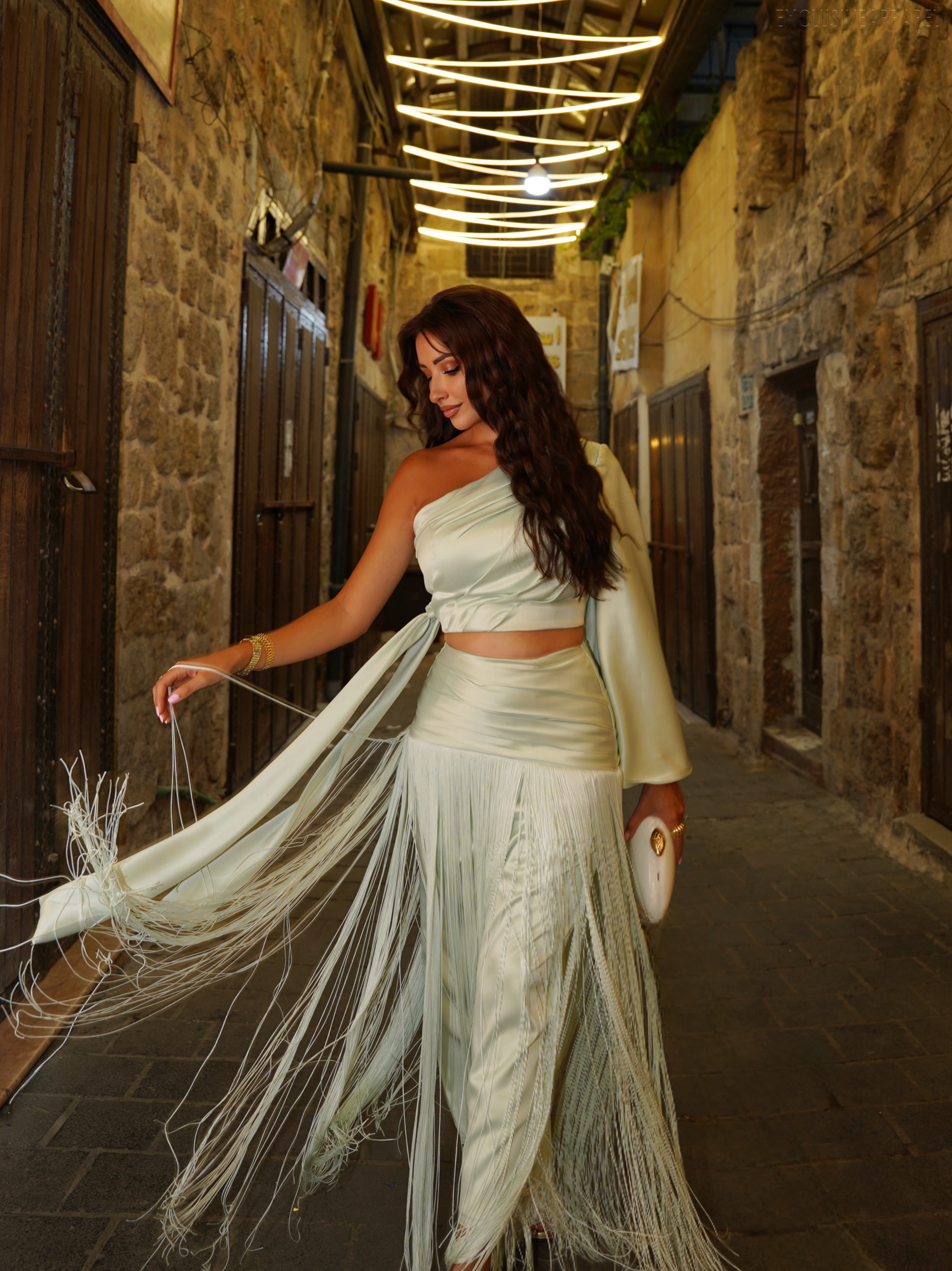 Isadora Light Blue Single-Shoulder Fringe Long Dress Two of Set