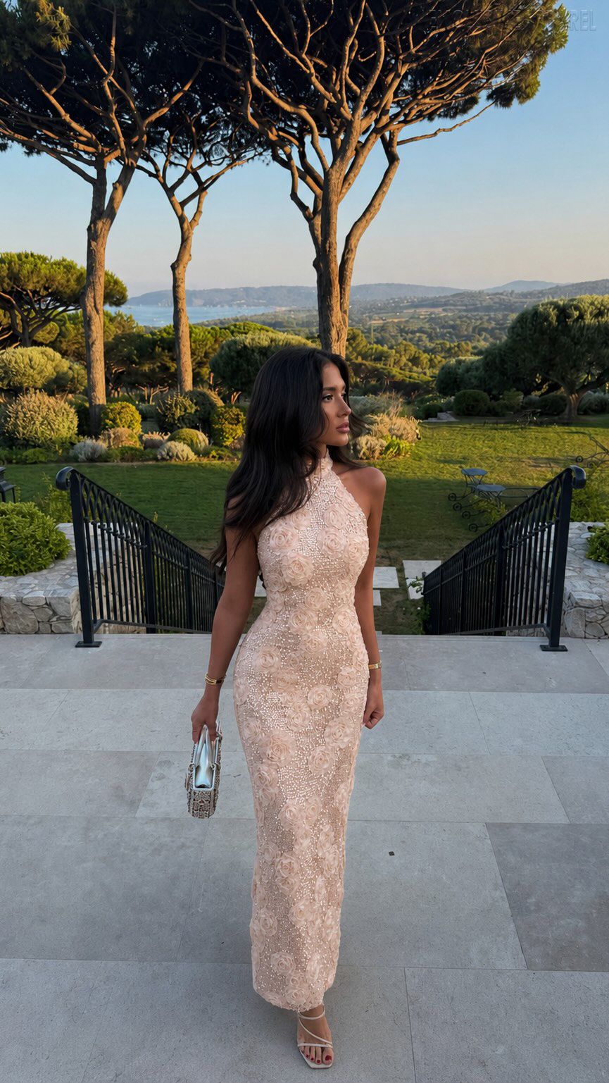Elina Apricot-Colored Halter Sequined Dress