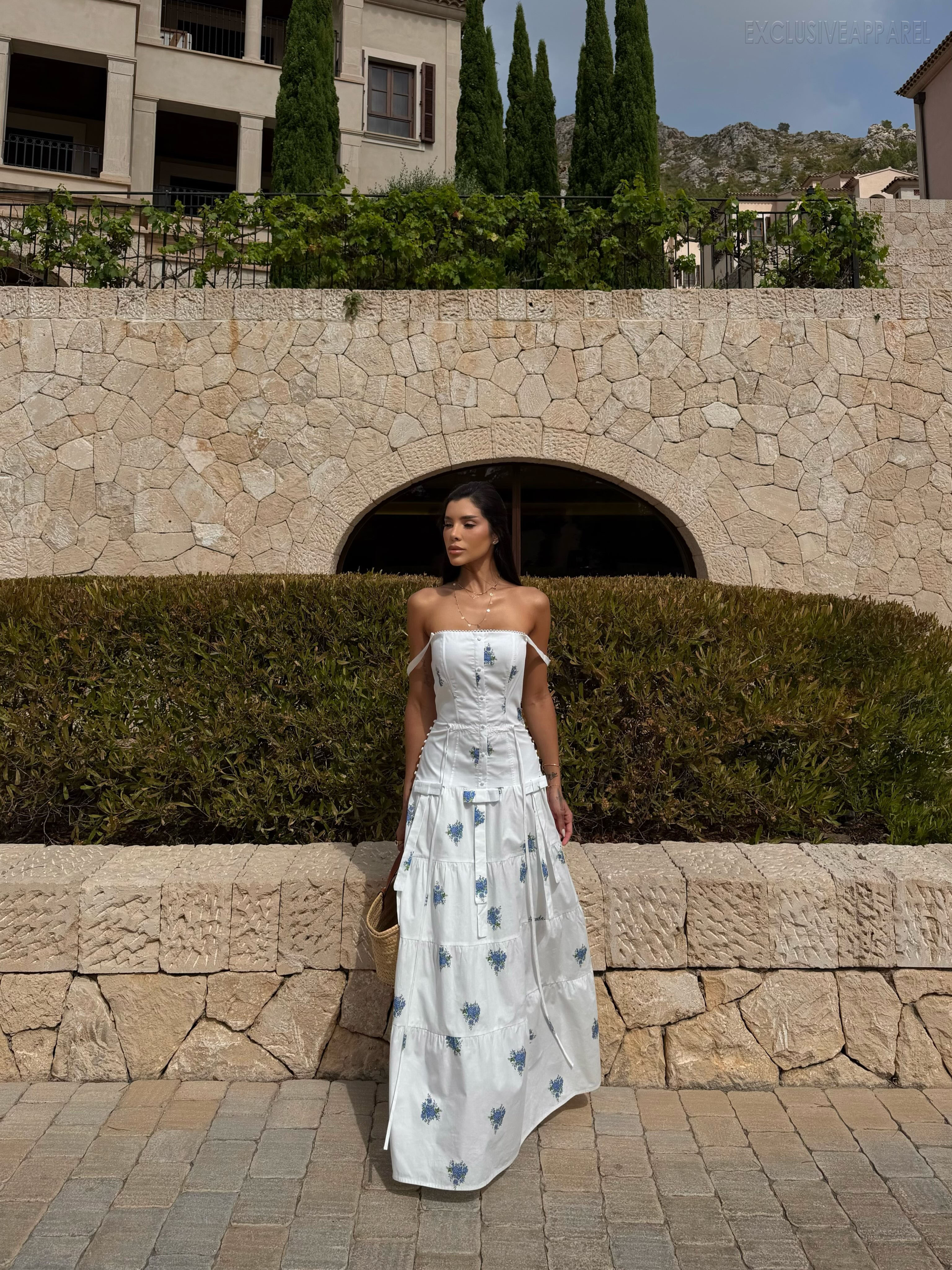 Luna White Off-shoulder Layered Print Long Dress