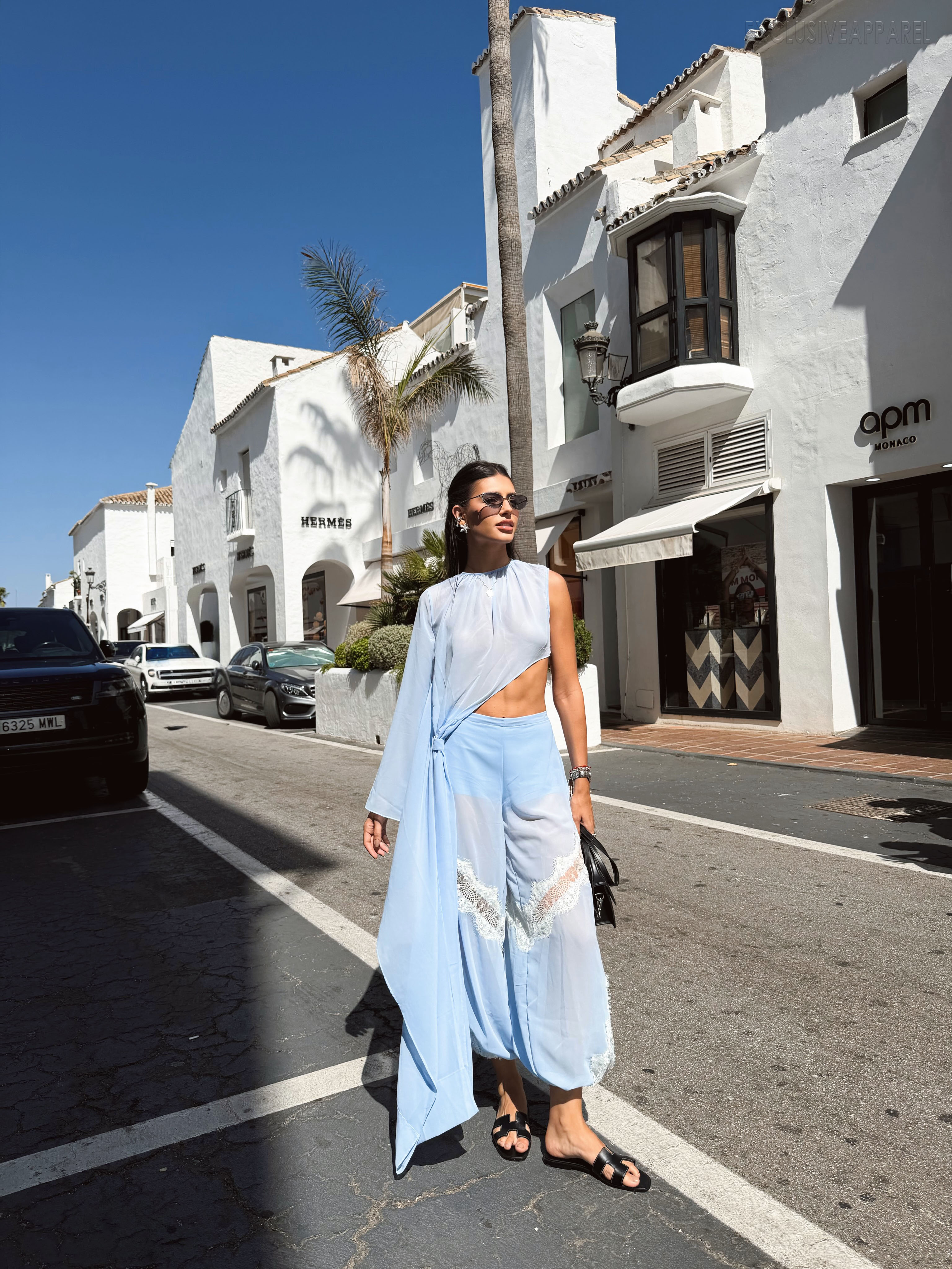 Nalani Blue Asymmetric Single-Sleeve Long Pants Set