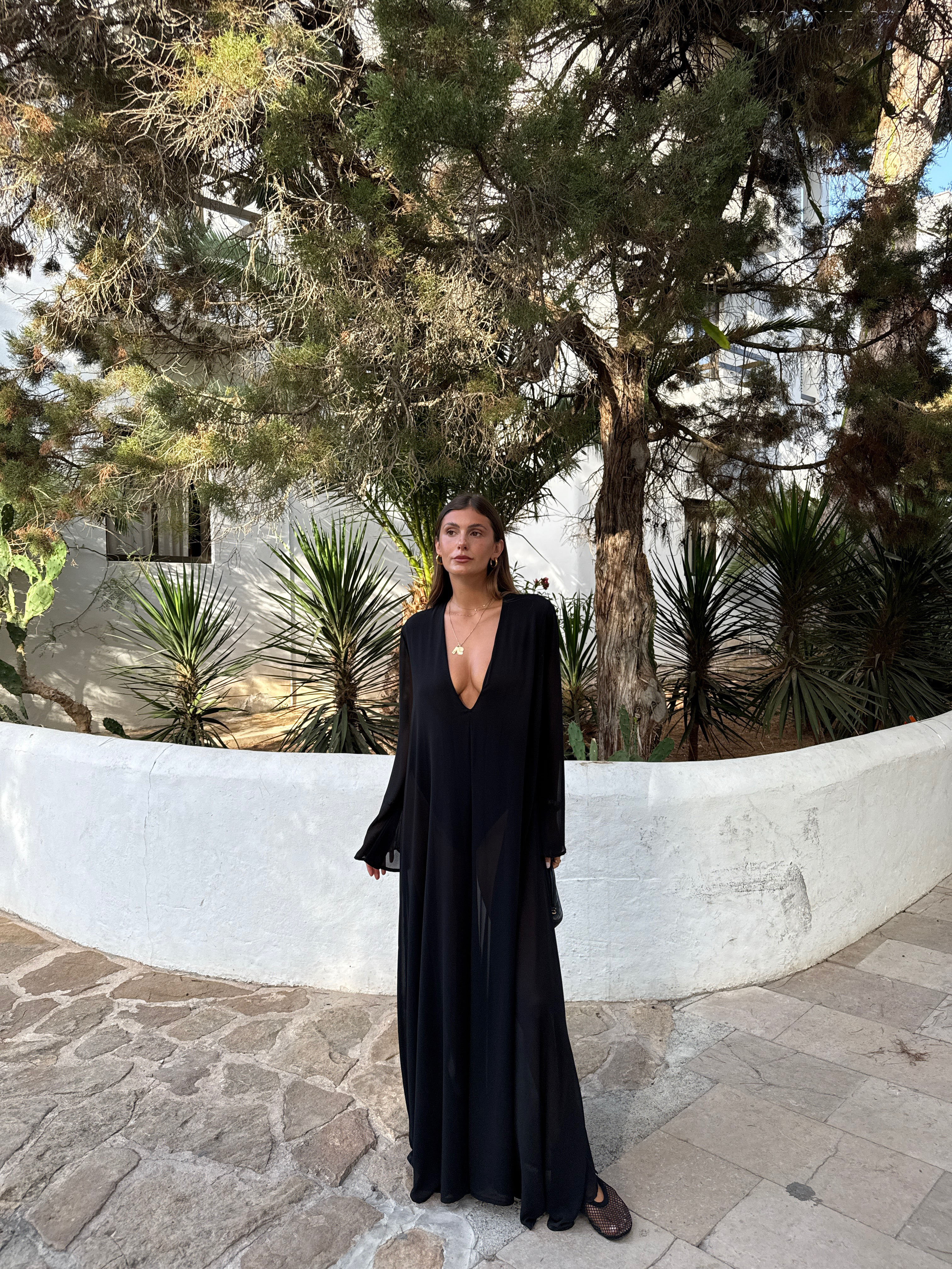 Guinevere Black Deep V-Neck Flared Sleeve Long Dress