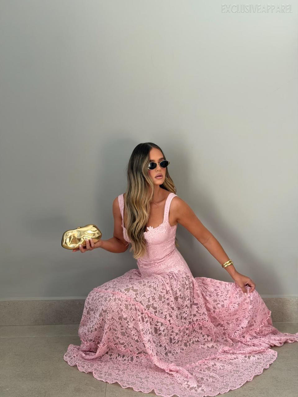 Luciana Pink Wide-Shoulder Layered Long Dress