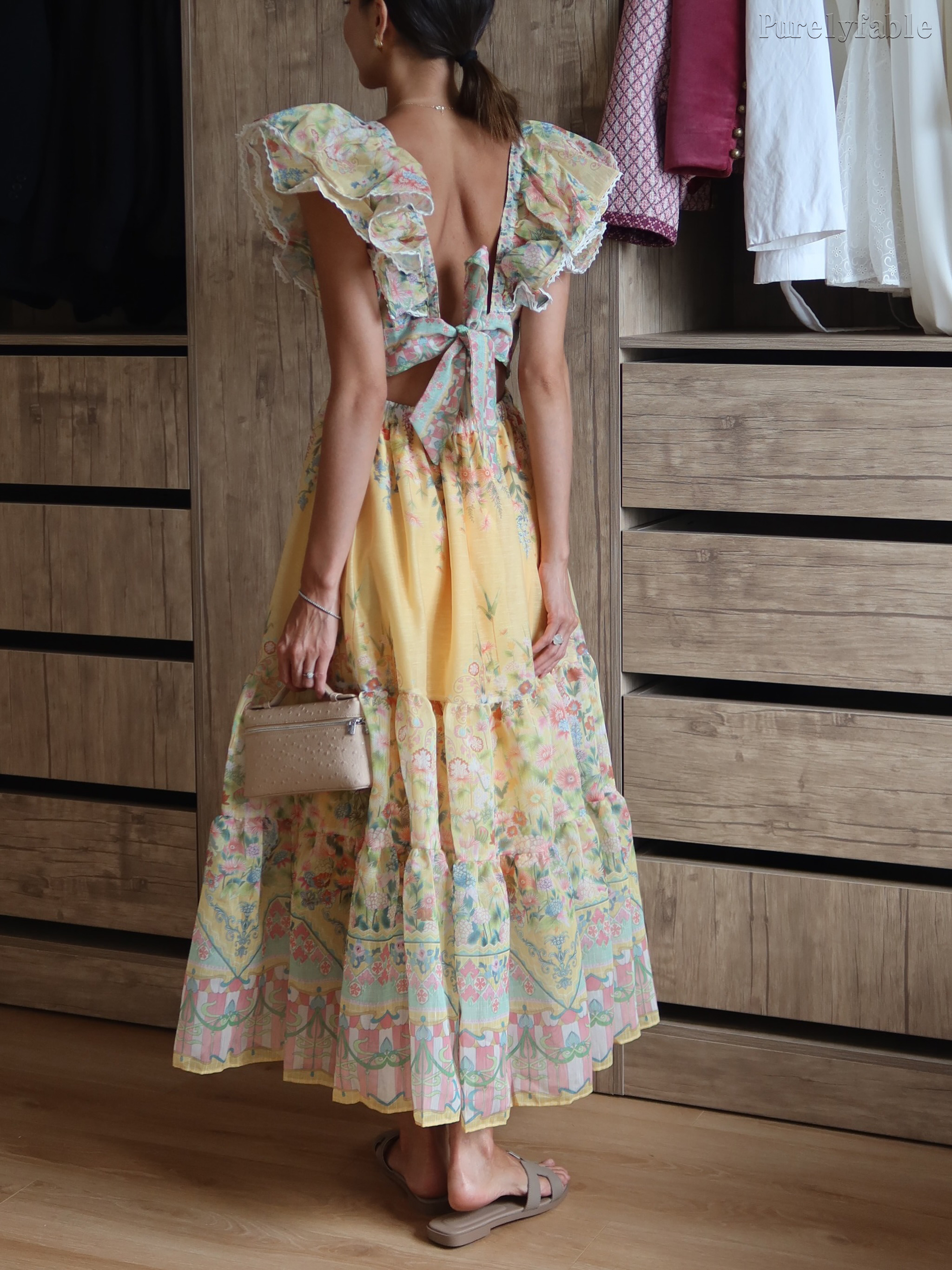 Annalise Yellow Frill-Edge Printed Long Dress